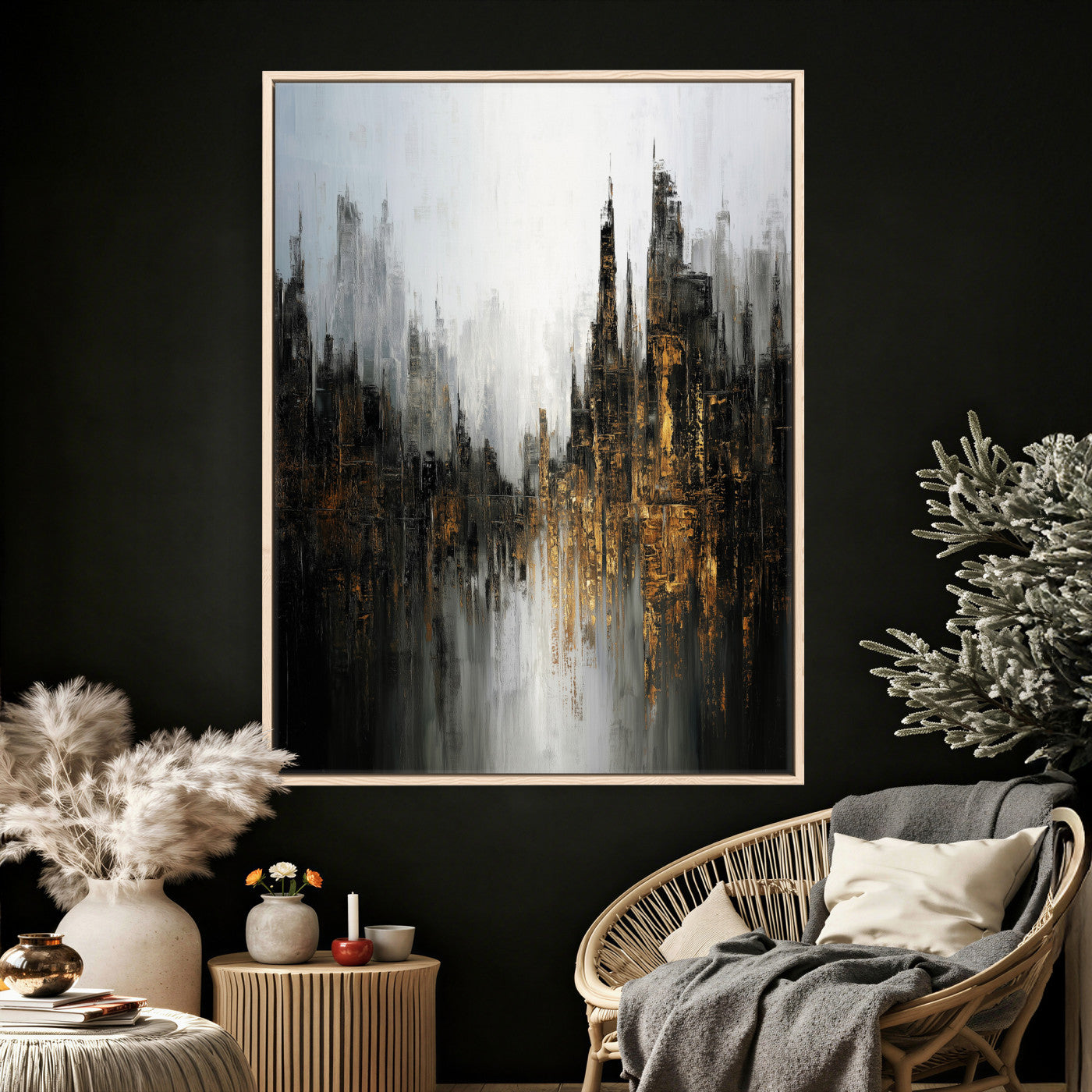 39629486-MGV-CV-24X36 - Abstract Urban Reflection Wall Art Canvas Print, Gold Black Modern Architecture Canvas Print, Contemporary Moody City Artwork for Living Room Decor