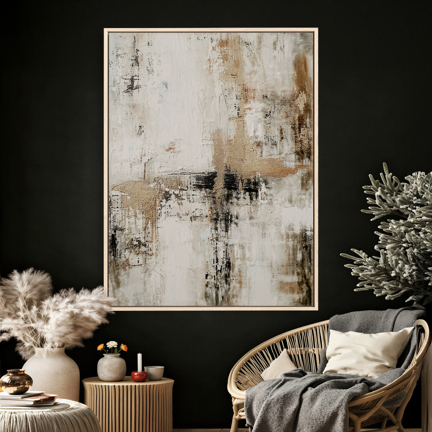 381262454-MGV-CV-24X36 - Neutral Abstract Wall Art Canvas Print, Beige Black Textured Modern Canvas Print, Minimalist Contemporary Artwork for Living Room Decor