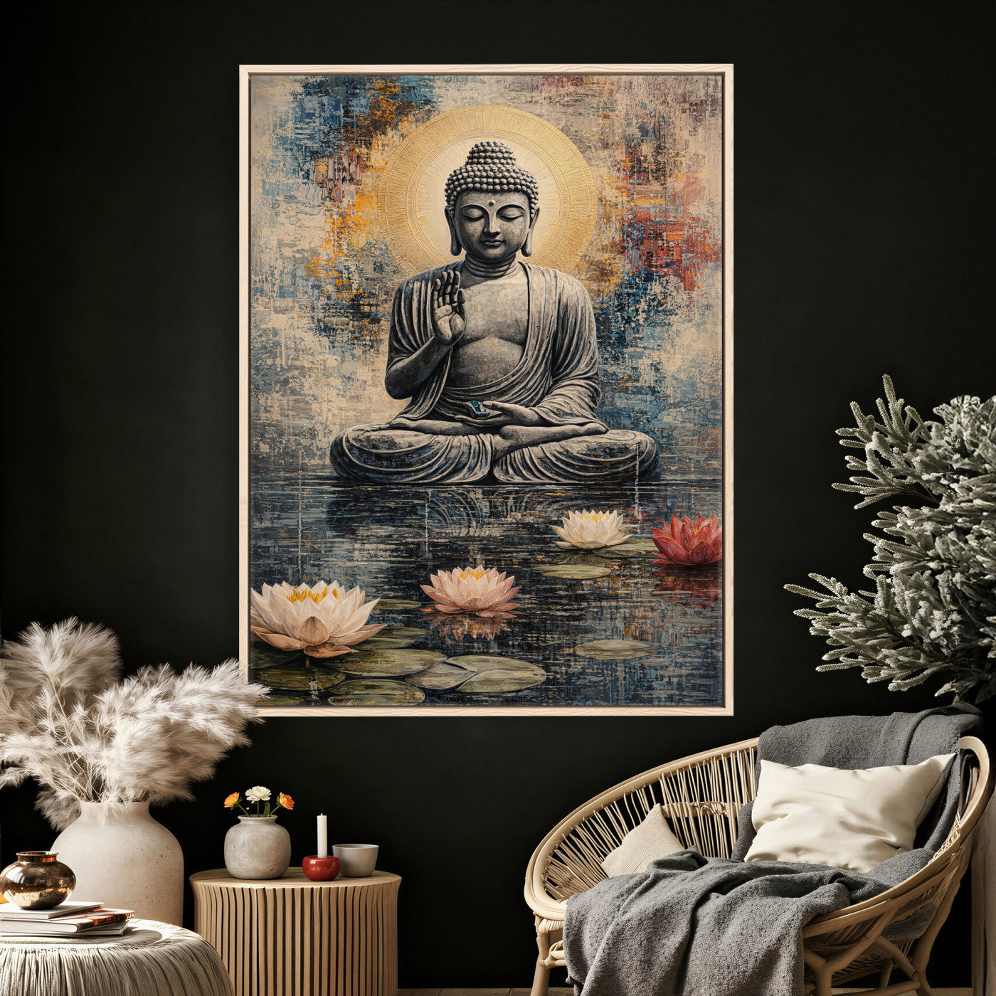 3812625445543-MGV-CV-24X36 - Serene Buddha with Lotus Flowers | Tranquil Meditation Art | Zen Wall Decor for Mindful Living Spaces | Spiritual Canvas Print