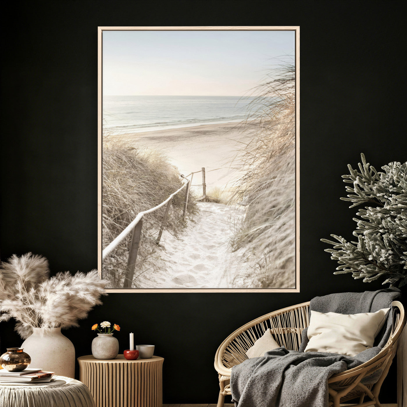 58415953-MGV-CV-24X36 - Coastal Beach Path Wall Art Canvas Print - Neutral Ocean Shore Landscape Artwork for Minimalist Home Decor