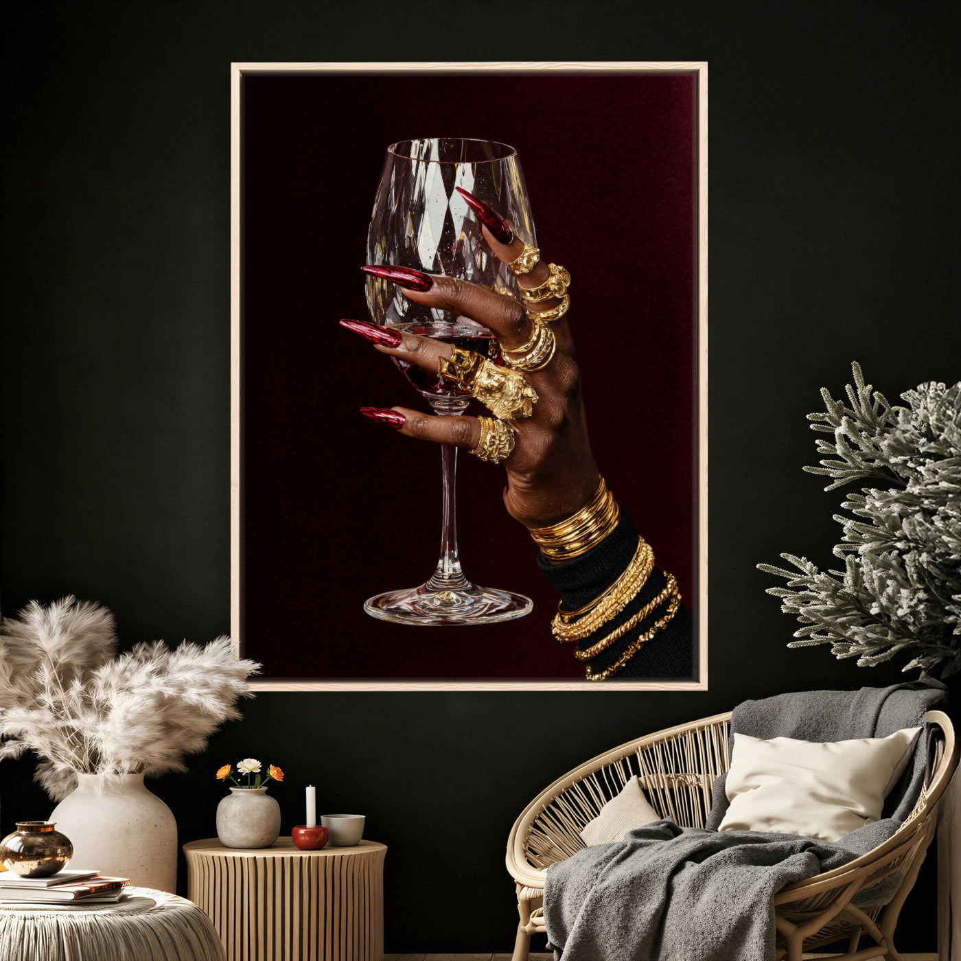 8151788Y6-MGV-CV-24X36 - Black Woman Holding Elegant Wine Glass Art, Black Girl Art, Black Woman Art, Trendy Black Girl Wall Art