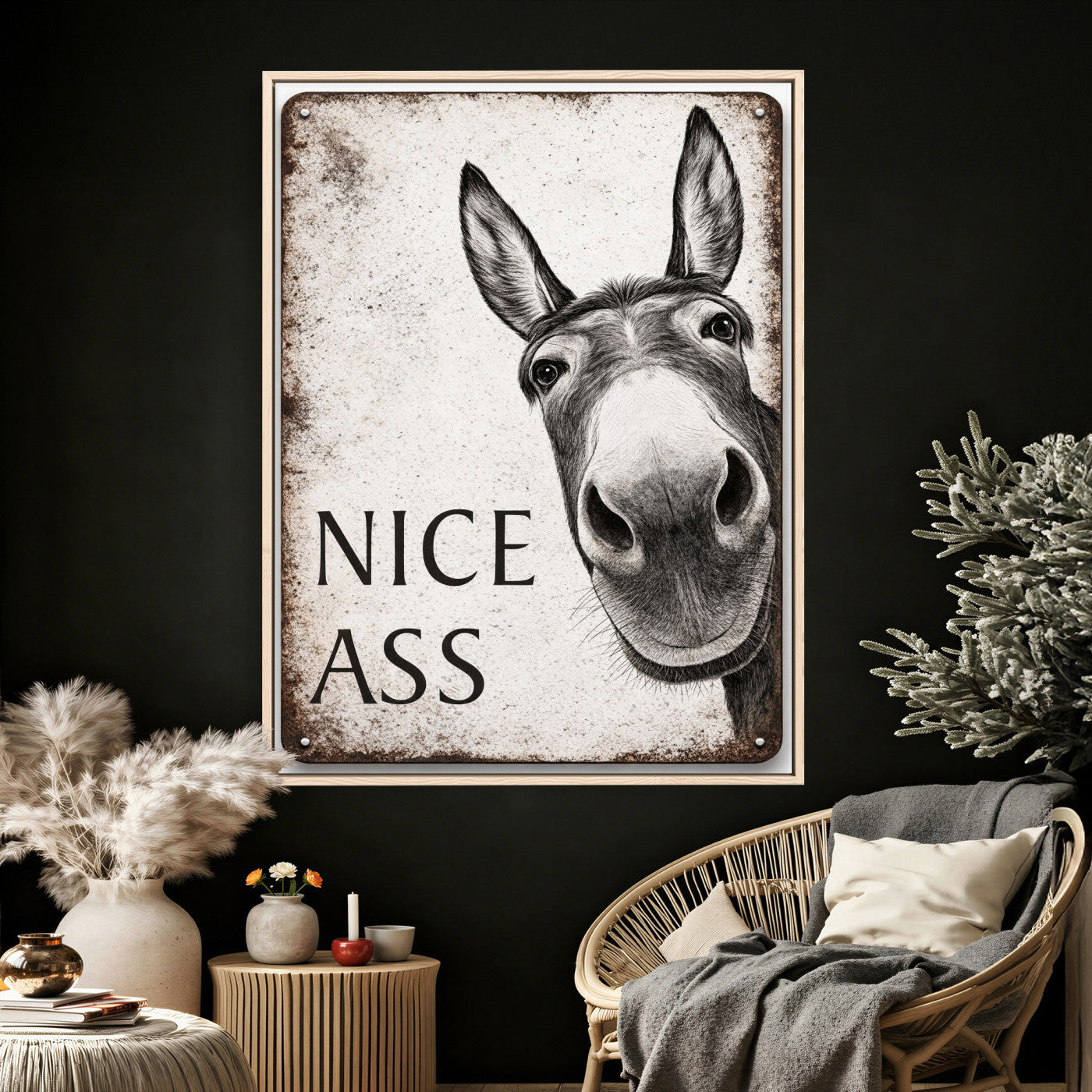 8151788R6-MGV-CV-24X36 - Funny Donkey Bathroom Wall Art Canvas Print, Nice Ass Farm Animal Sign, Rustic Farmhouse Humor Decor, Toilet Wall Art