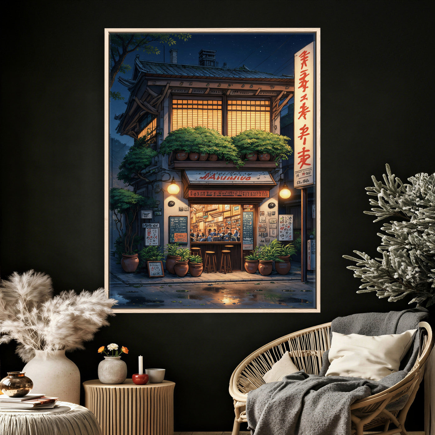4712069TE1-MGV-CV-24X36 - Evening at the Ramen Shop Canvas Wall Art — Japan Night Anime Print | Japanese Restaurant Decor | Lofi Wall Art | Ramen Lover Gift