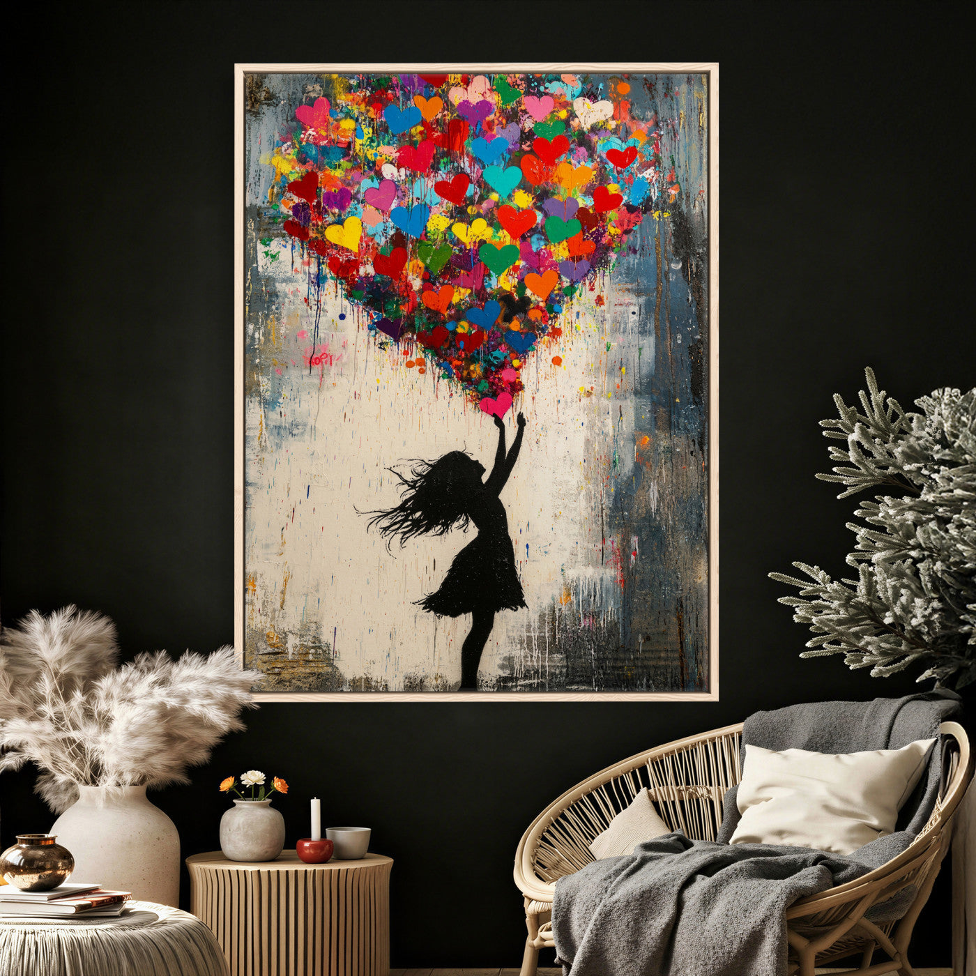 36253538-MGV-CV-24X36 - Banksy Street Art Canvas Wall Art, Girl Heart Balloons Banksy Style Print, Colorful Graffiti Love Decor, Urban Pop Art, Kids Room Inspirational Wall Art