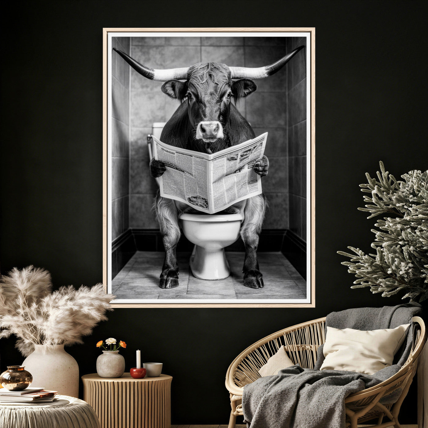 77994492-MGV-CV-24X36 - Texas Longhorn Cow Toilet Paper Canvas Wall Art, Funny Bathroom Black White Print, Cute Animal Humor Decor, Quirky Farmhouse Bathroom Art, Cow Lover Gift