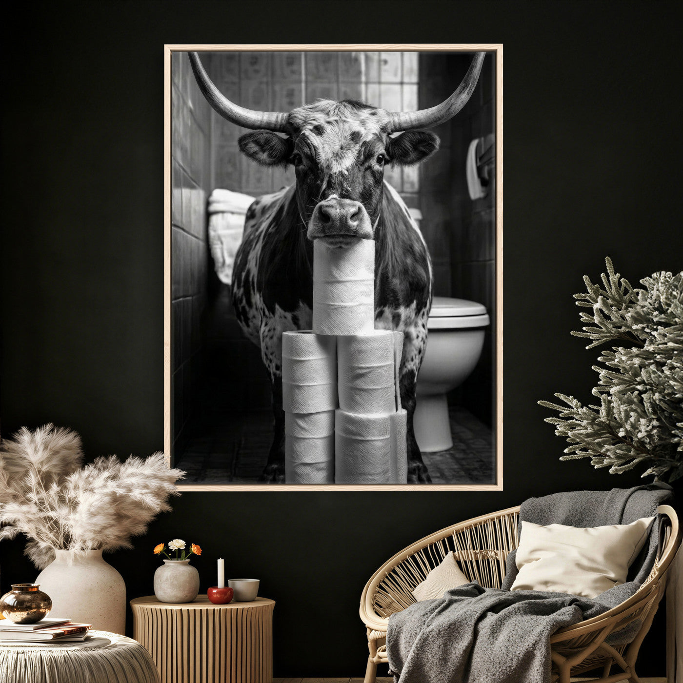 79259956-MGV-CV-24X36 - Texas Longhorn Cow Toilet Paper Canvas Wall Art, Funny Bathroom Black White Print, Cute Animal Humor Decor, Quirky Farmhouse Bathroom Art, Cow Lover Gift
