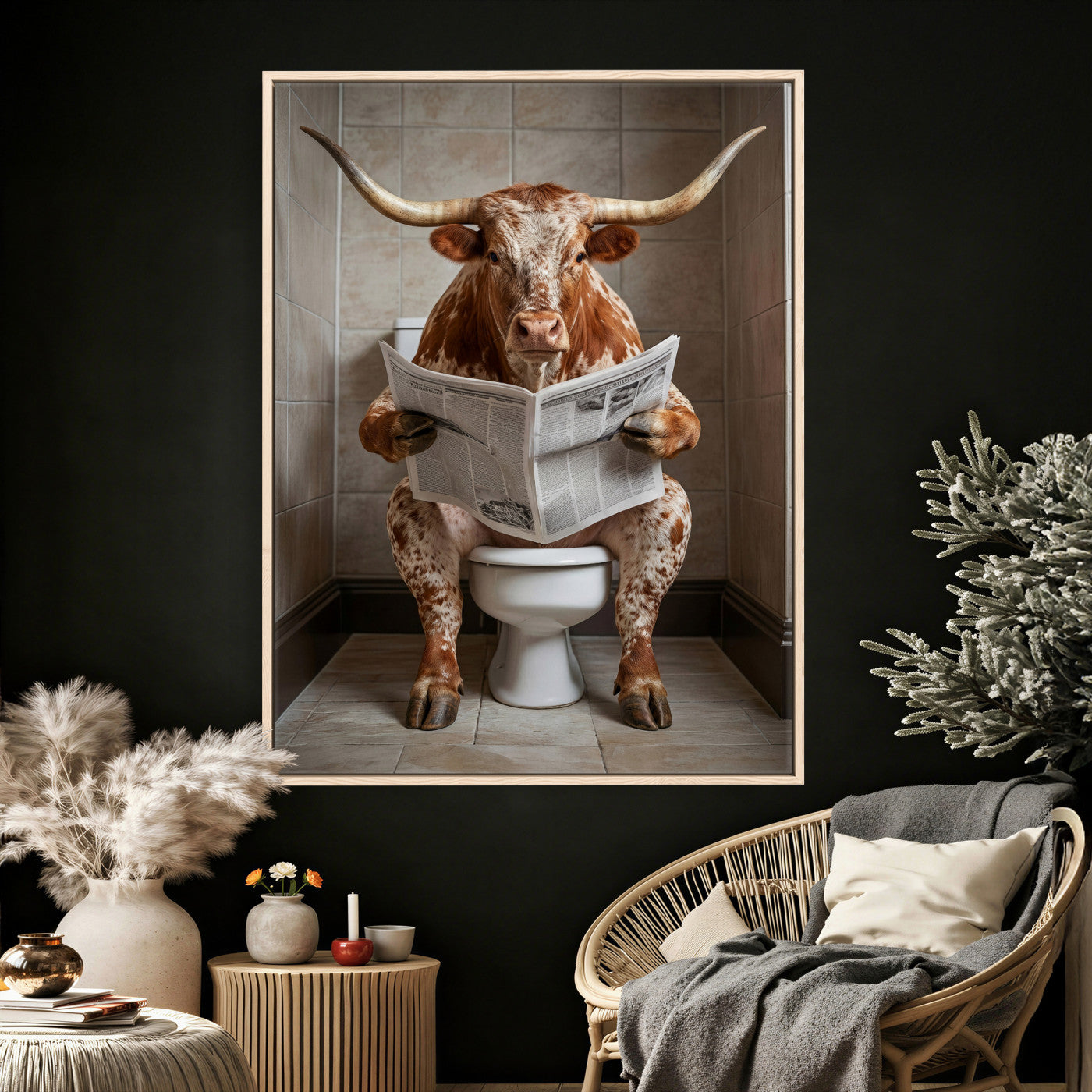 17728527-MGV-CV-24X36 - Funny Bathroom Canvas Wall Art, Texas Longhorn on Toilet Reading Newspaper, Humor Animal Print, Farmhouse Bathroom Decor, Quirky Cow Gift, Toilet Room Art