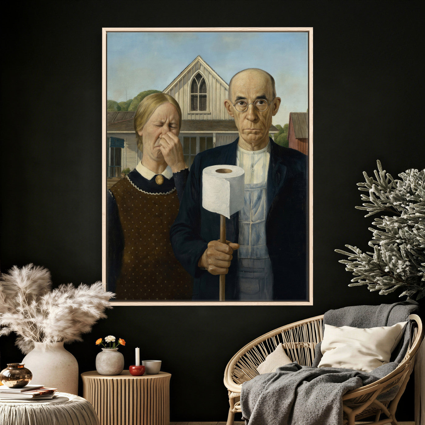 46805085-MGV-CV-24X36 - Funny Bathroom Canvas Wall Art, Grant Wood American Gothic Toilet Paper Parody Print, Humor Bathroom Decor, Classic Art Spoof, Quirky Housewarming Gift