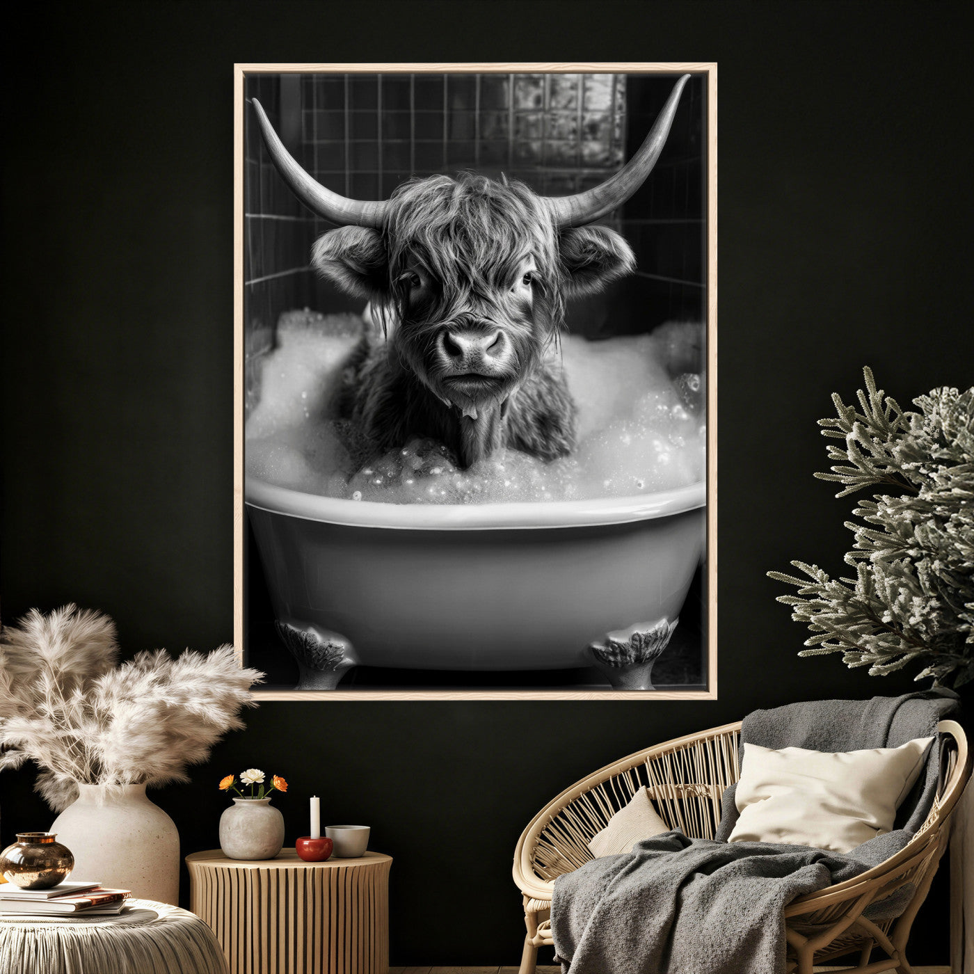 44020264-MGV-CV-24X36 - Highland Cow Bathtub Canvas Wall Art, Funny Bathroom Print Black White, Grumpy Cow Bubble Bath Decor, Animal Bathroom Art, Farmhouse Humor Print, Cute Cow Gift