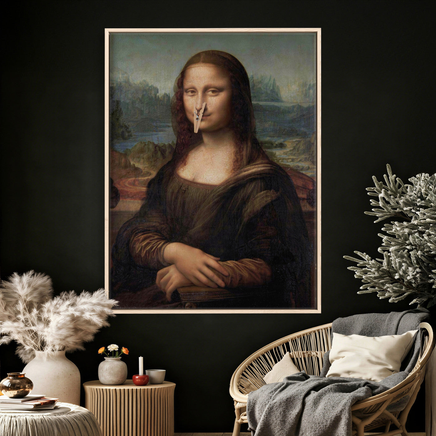 59125950-MGV-CV-24X36 - Funny Bathroom Canvas Wall Art Print, Mona Lisa Clothespin Nose Humor Decor, Classic Art Parody, Toilet Room Wall Art, Quirky Housewarming Gift, Eclectic Home Decor