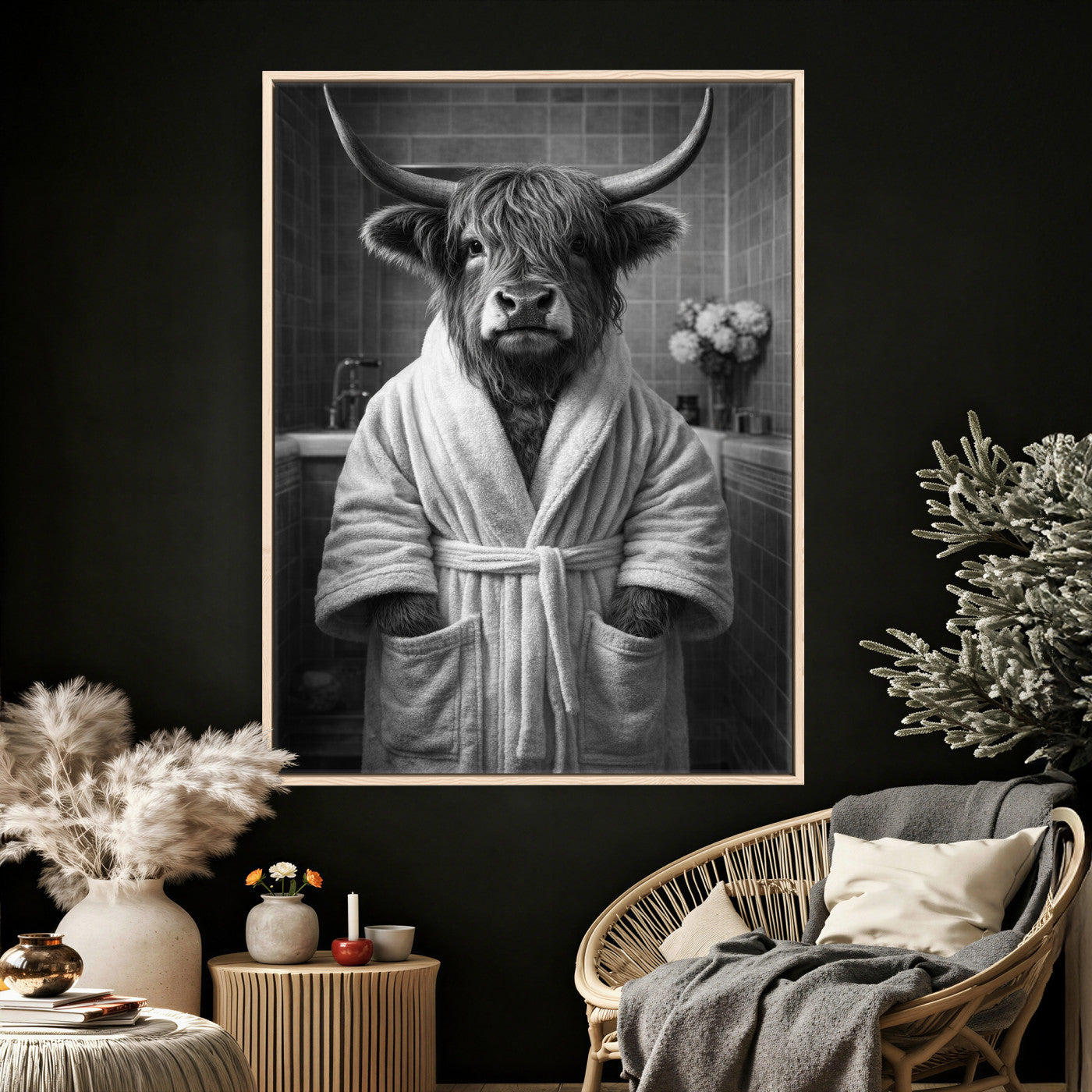 98453723-MGV-CV-24X36 - Funny Bathroom Wall Art Canvas Print, Highland Cow in Bathrobe, Black and White Humor Decor, Animal Bathroom Print, Farmhouse Bathroom Art