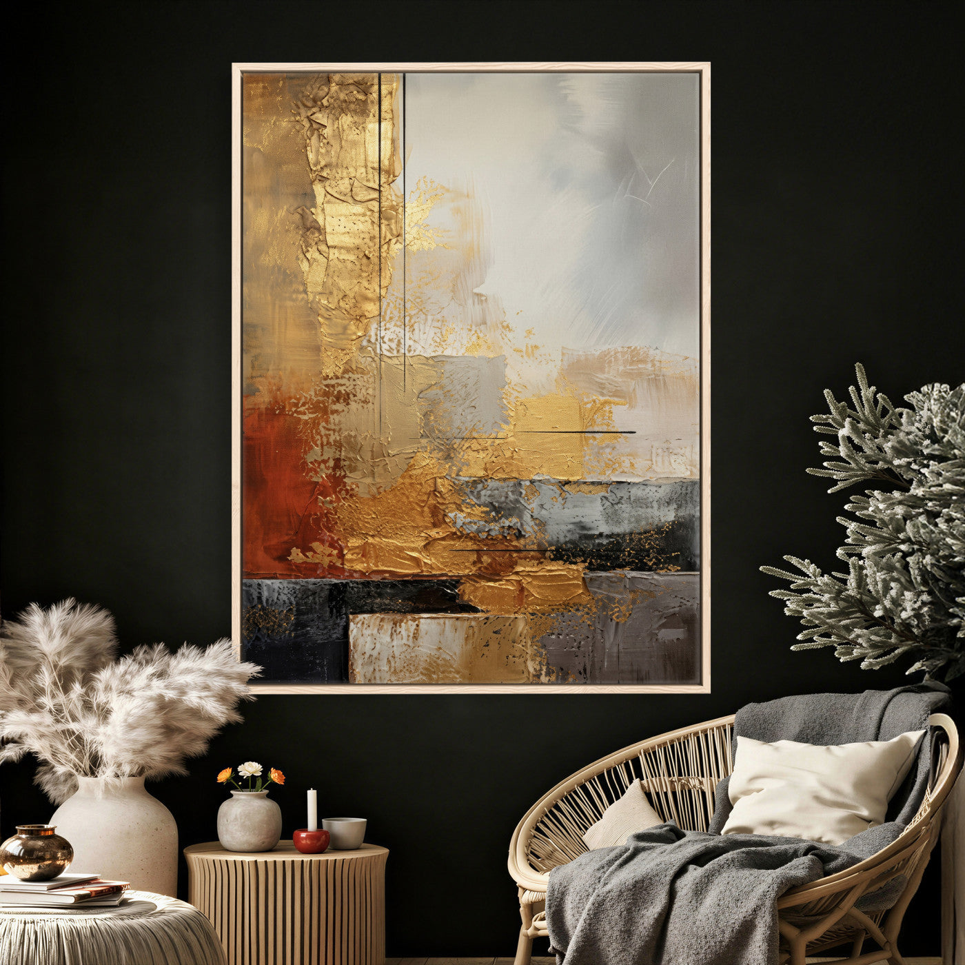 98453723G-MGV-CV-24X36 - Gold Abstract Canvas Wall Art, Luxury Textured Style Gold Leaf Painting Print, Modern Glam Decor, Gold Grey Rust Abstract Art, Living Room Statement Art