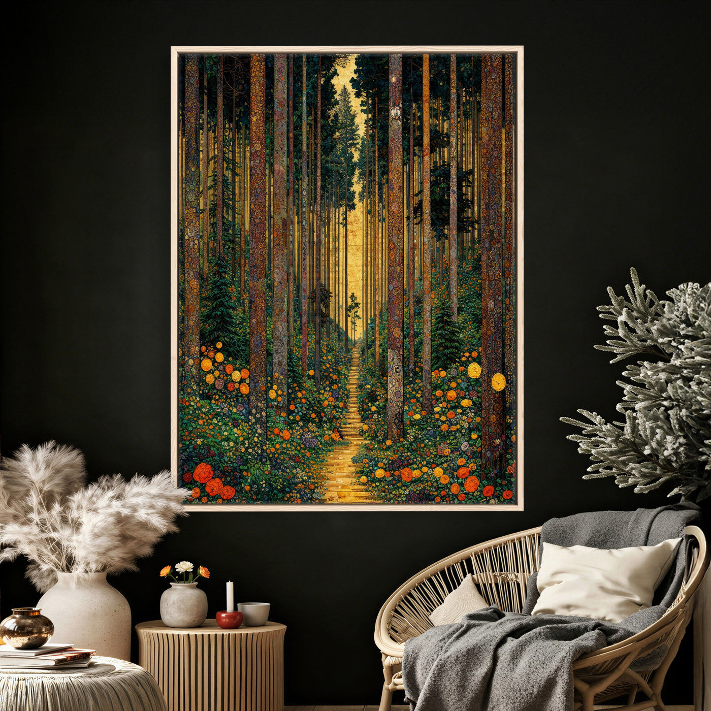 14391546-MGV-CV-24X36 - Gustav Klimt Style Forest Canvas Wall Art, Golden Forest Path Floral Art Nouveau Print, Enchanted Woodland Decor, Maximalist Colorful Nature Art