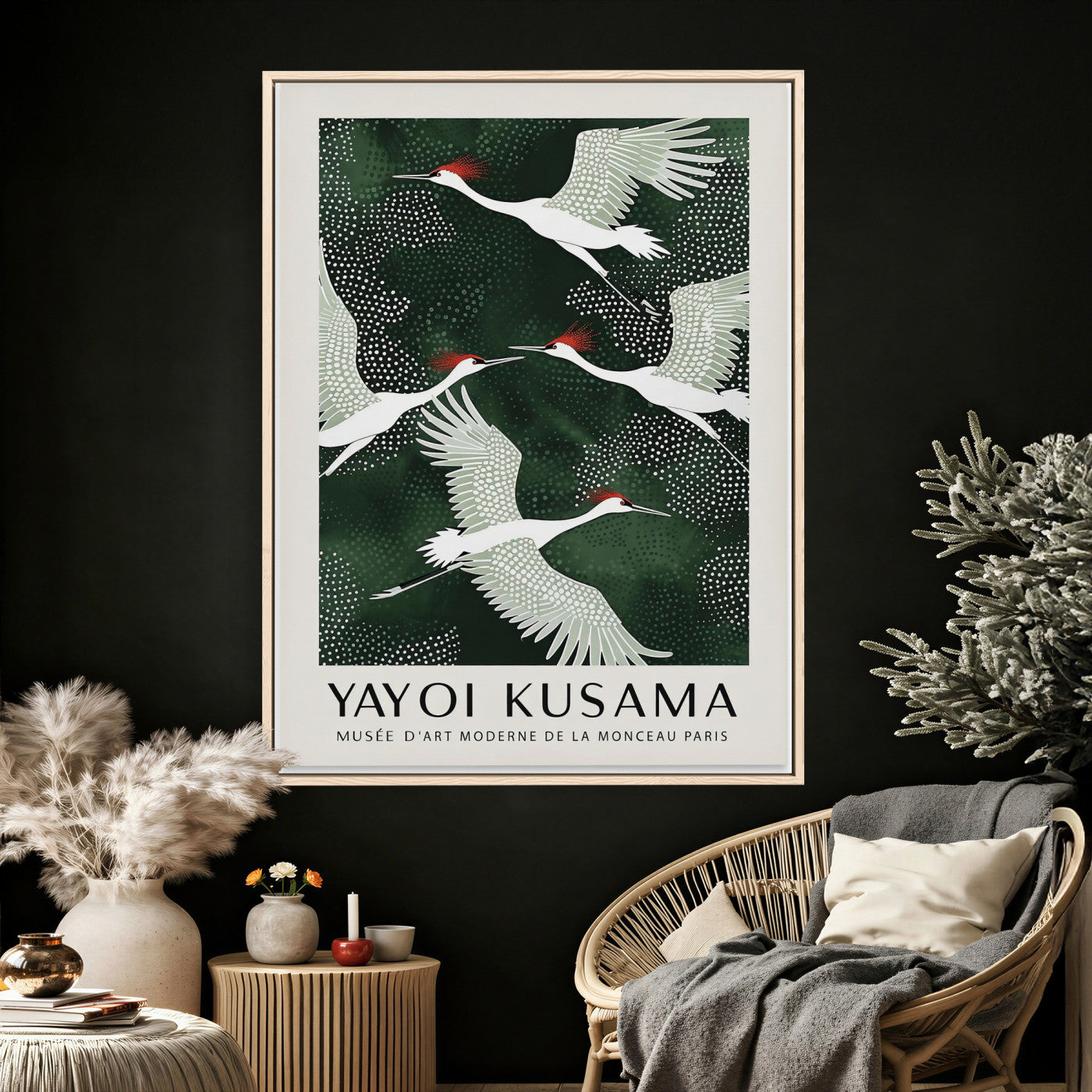 63036906-MGV-CV-24X36 - Yayoi Kusama Crane Bird Wall Art Canvas Print, Japanese Inspired Flying Heron Framed Artwork, Green Botanical Nature Decor for Living Room Bedroom Office
