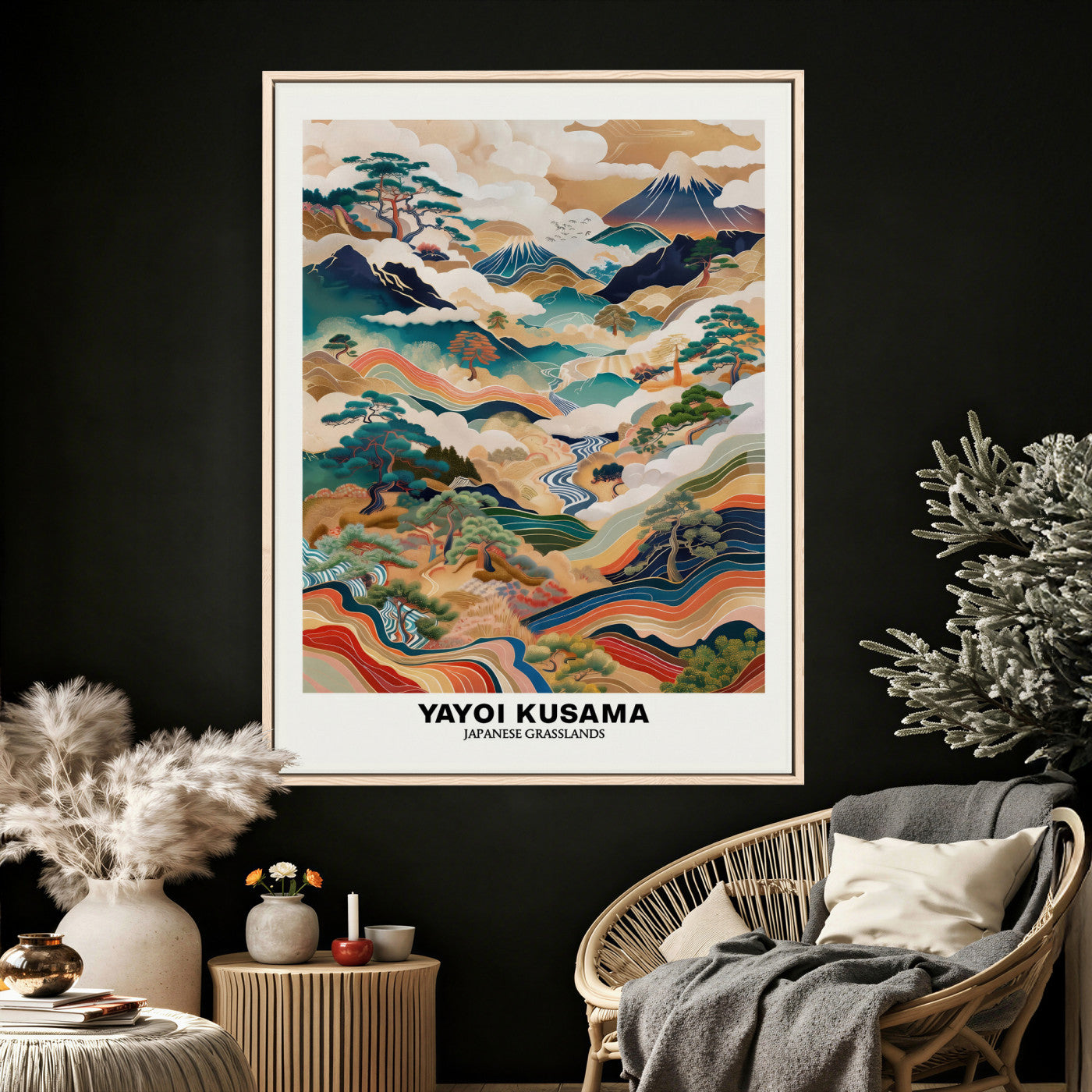 71553303-MGV-CV-24X36 - Yayoi Kusama Japanese Landscape Wall Art Canvas Print, Colorful Mountain and River Framed Artwork, Nature Inspired Asian Scenic Decor for Living Room Bedroom Office