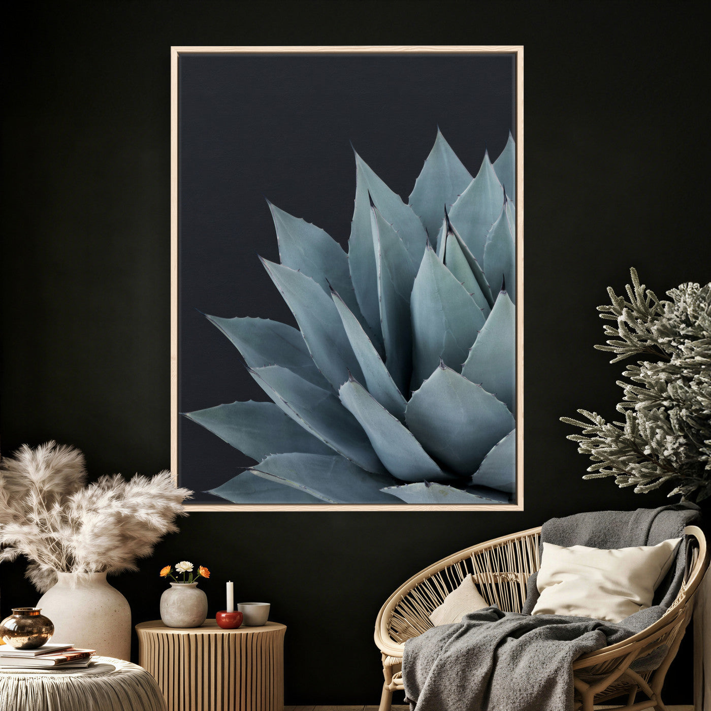 59803798-MGV-CV-24X36 - Agave Wall Art Canvas Print, Blue Green Succulent Botanical Framed Artwork, Minimalist Desert Plant Decor for Living Room Bedroom Office Bathroom