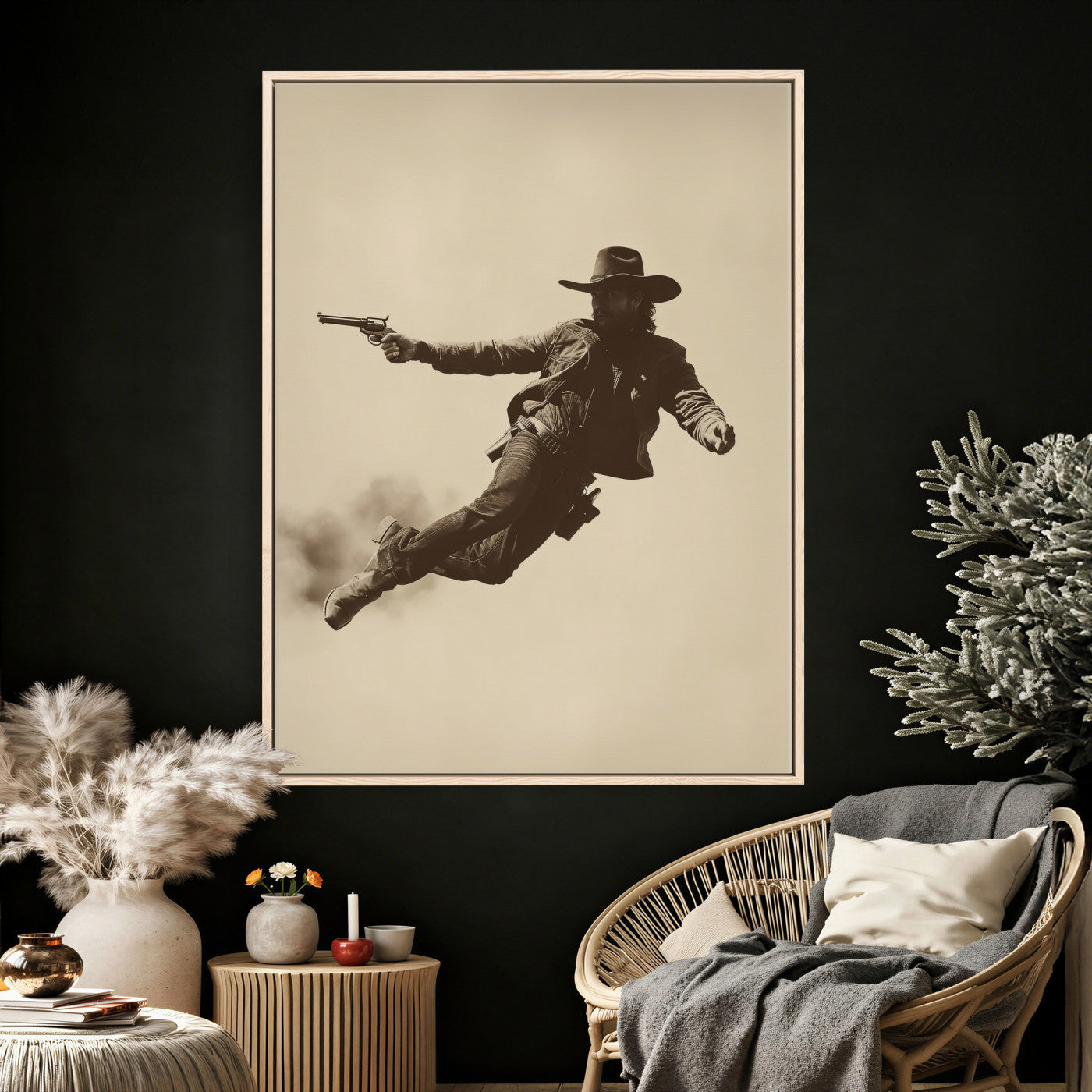 11948430CW-MGV-CV-24X36 - Cowboy Canvas Wall Art, Western Gunslinger Sepia Photo Print, Vintage Rustic Man Cave Decor, Wild West Cinematic Art, Living Room Wall Art