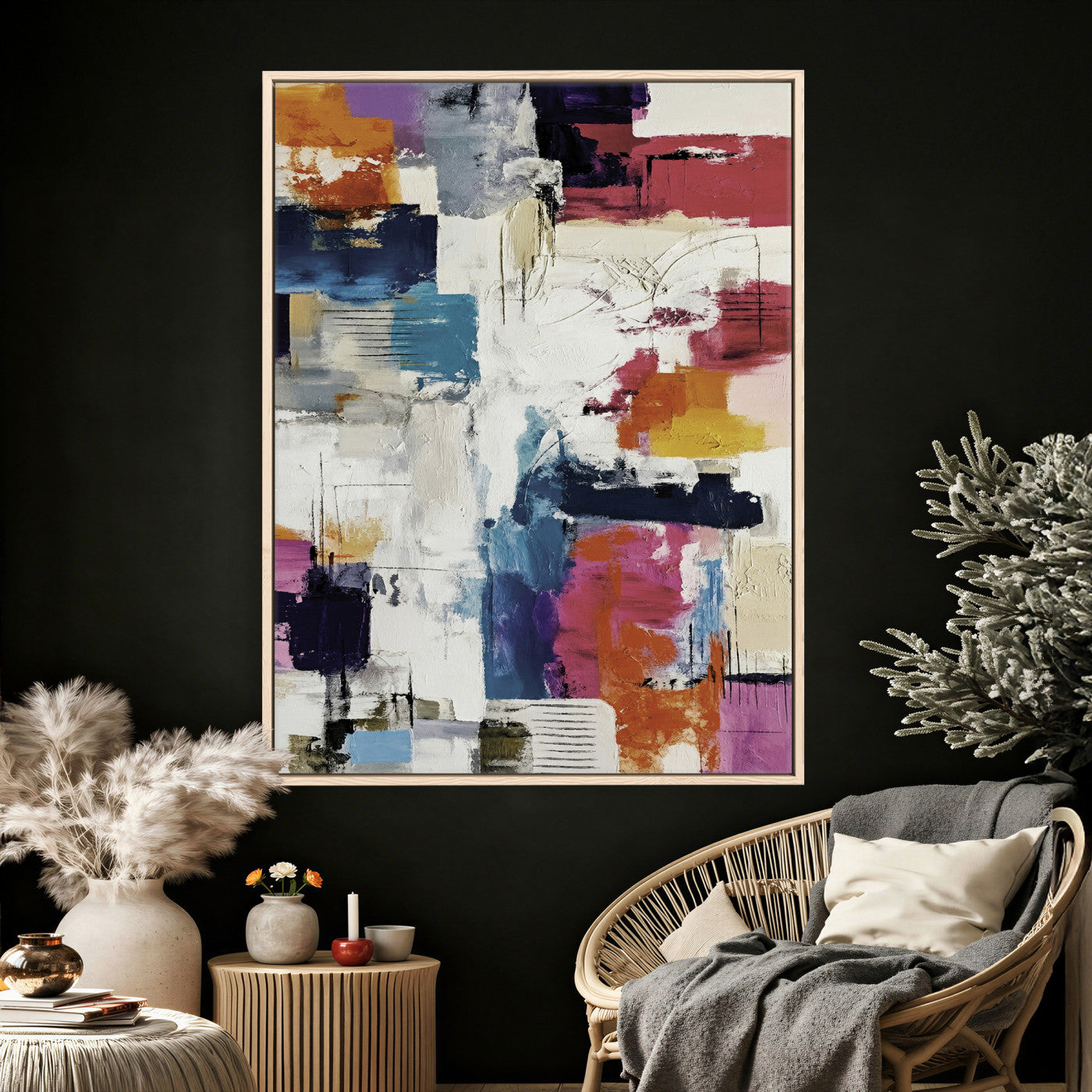 83175929-MGV-CV-24X36 - Blue Teal Abstract Canvas Wall Art, Modern Textured Painting Print, Navy Orange White Contemporary Art, Neutral Living Room Decor, Office Art