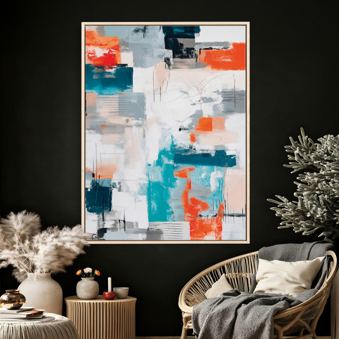 39825760-MGV-CV-24X36 - Blue Teal Abstract Canvas Wall Art - Modern Textured Painting Print, Navy Orange White Contemporary Art, Neutral Living Room Decor, Office Art