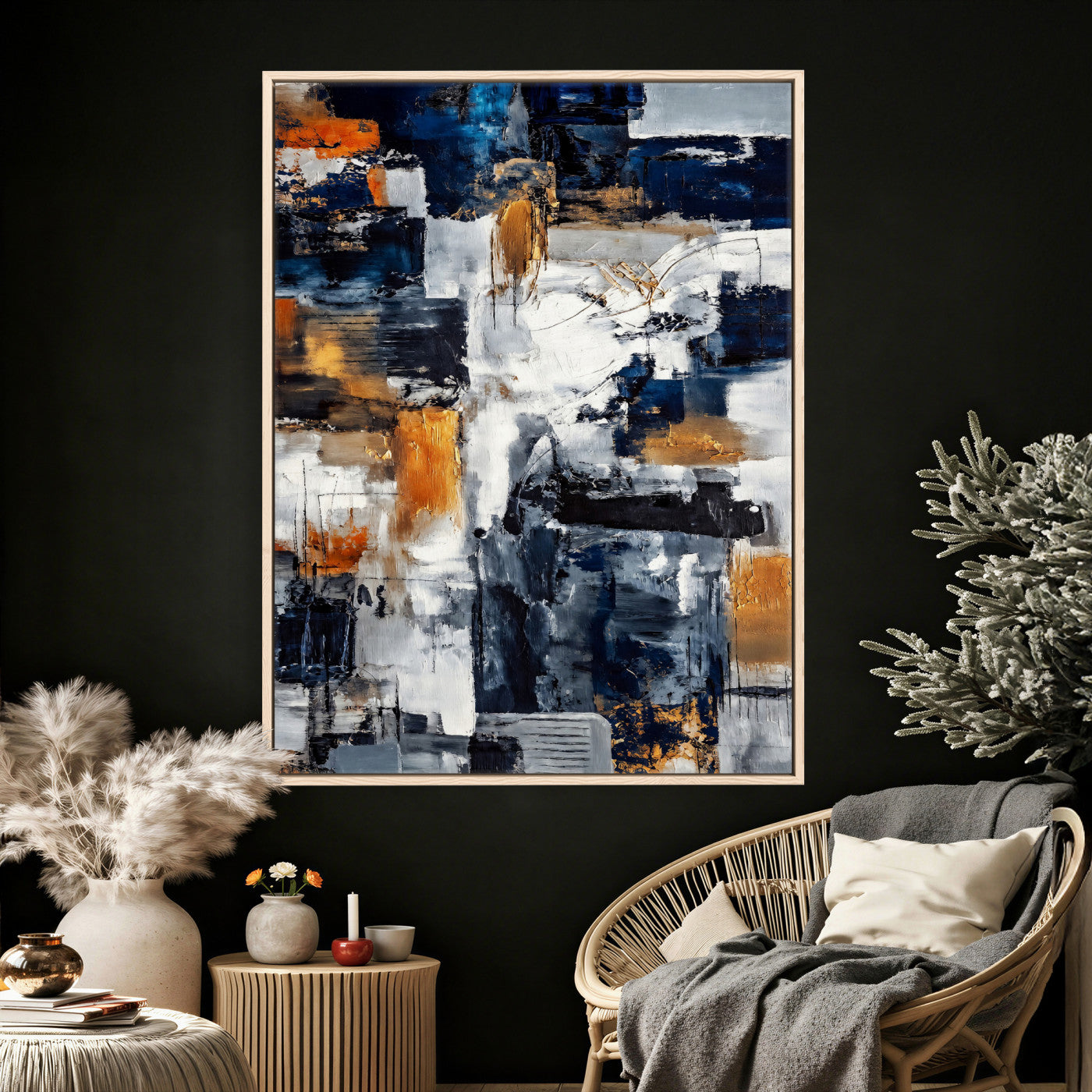 85264820-MGV-CV-24X36 - Blue Teal Abstract Canvas Wall Art - Modern Textured Painting Print, Navy Orange White Contemporary Art, Neutral Living Room Decor, Office Art