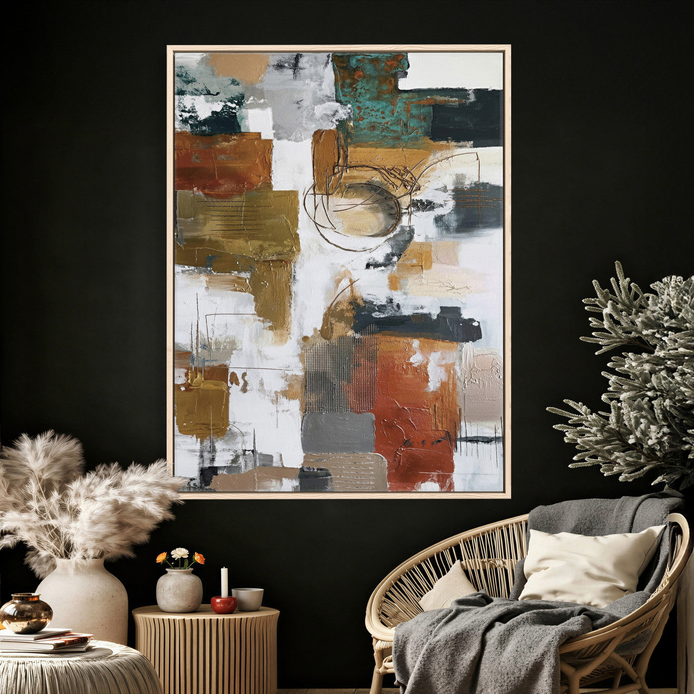 71530836-MGV-CV-24X36 - Blue Teal Abstract Canvas Wall Art, Modern Textured Painting Print, Navy Orange White Contemporary Art, Neutral Living Room Decor, Office Art