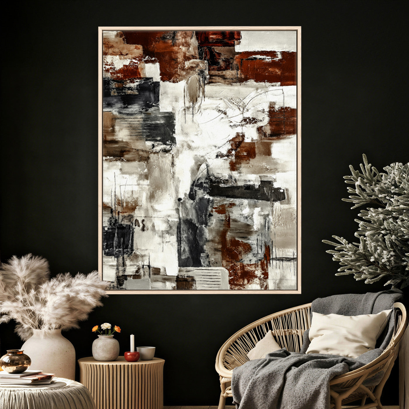 23953633-MGV-CV-24X36 - Blue Teal Abstract Canvas Wall Art, Modern Textured Painting Print, Navy Orange White Contemporary Art, Neutral Living Room Decor, Office Art