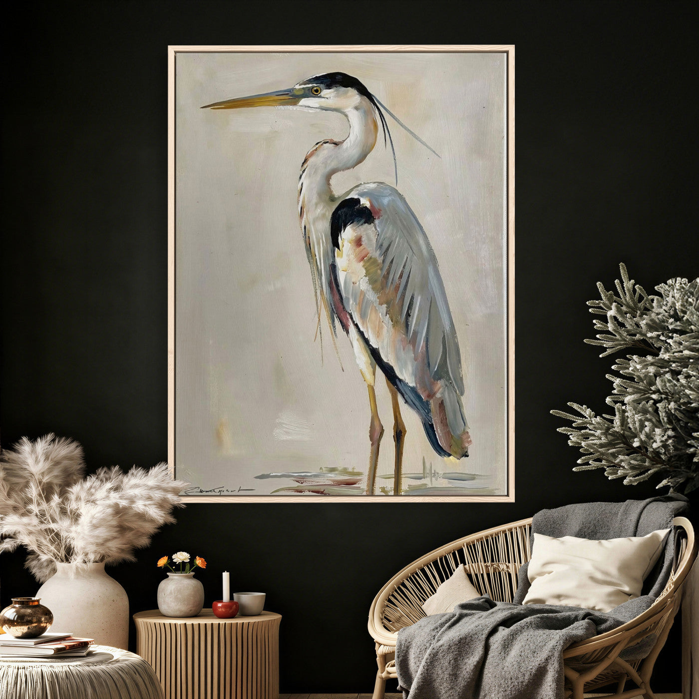 66936694-MGV-CV-24X36 - Great Blue Heron Canvas Wall Art Coastal Bird Oil Painting Print