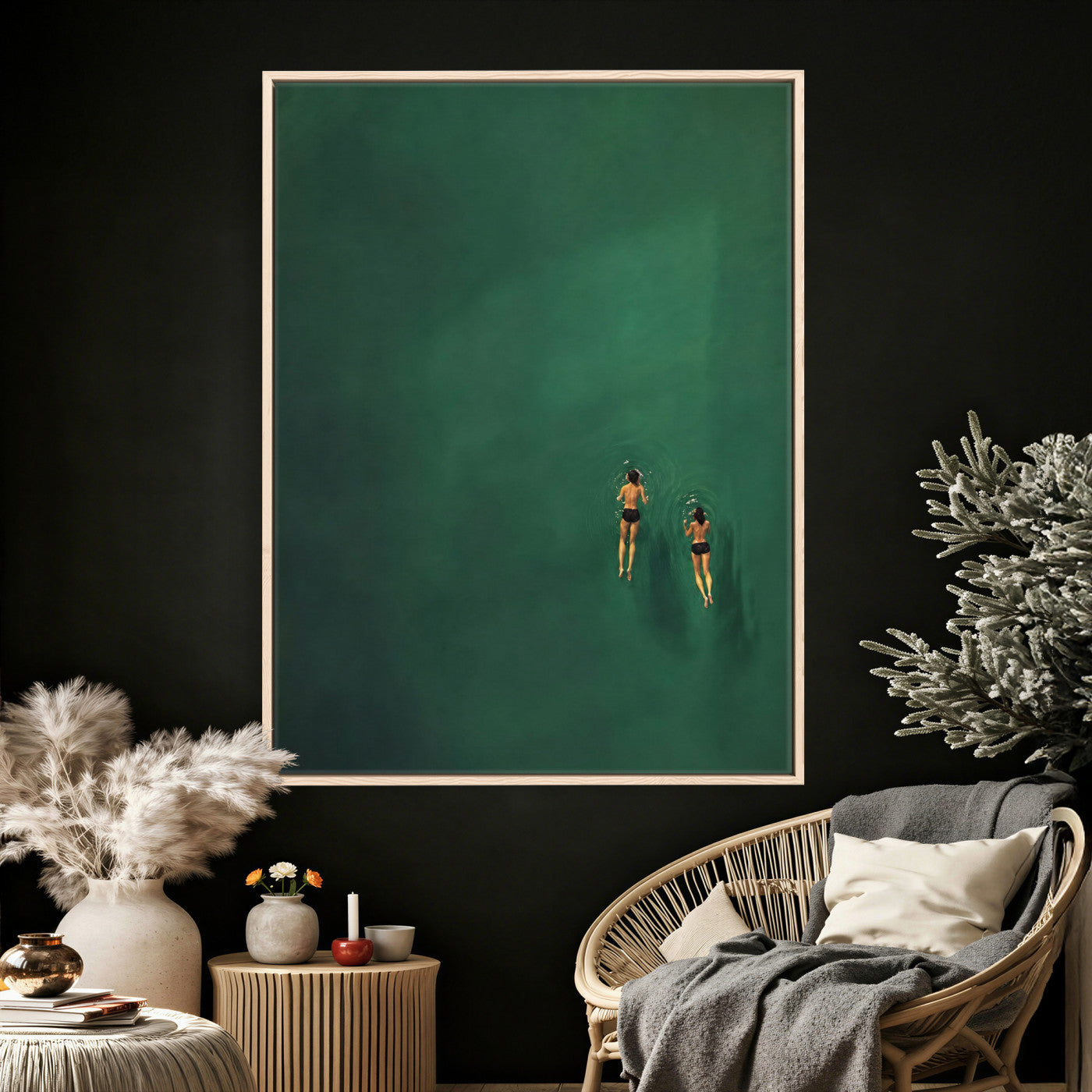 44711396-MGV-CV-24X36 - Minimalist Swimmers Canvas Wall Art Emerald Green Water Painting Print