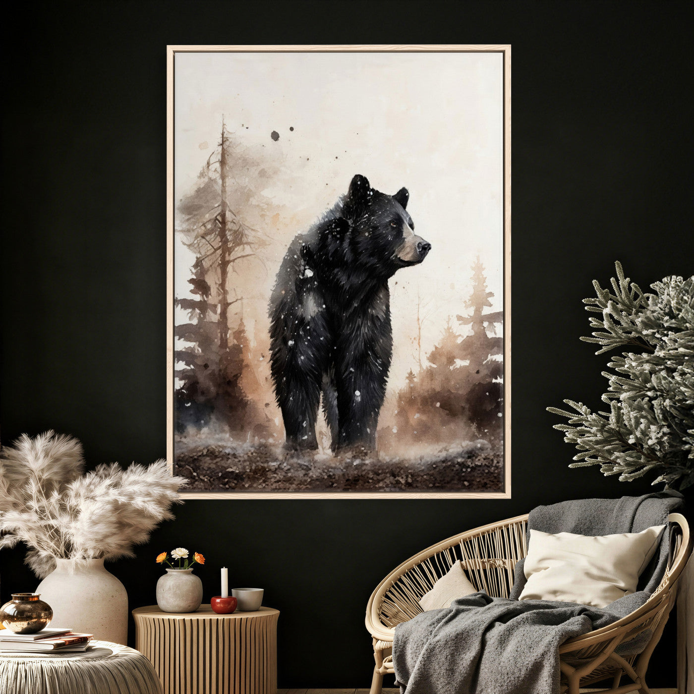 17399305-MGV-CV-24X36 - Black Bear Canvas Wall Art Winter Forest Watercolor Painting Print