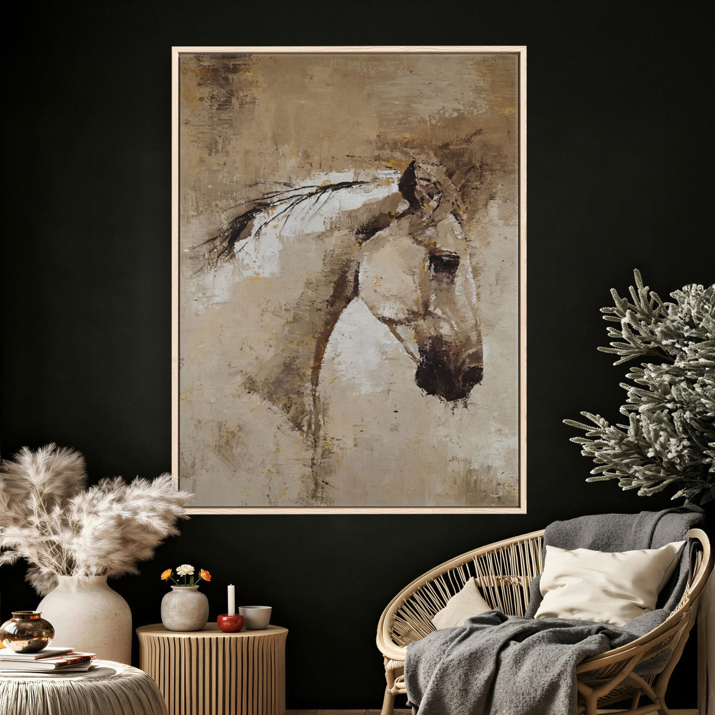 48488295-MGV-CV-24X36 - Rustic Horse Canvas Wall Art Neutral Tone Equestrian Oil Painting Print