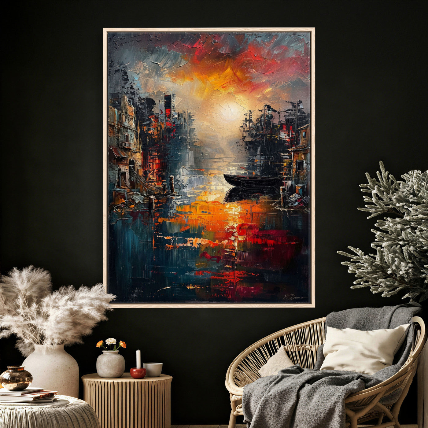 16611381-MGV-CV-24X36 - Vibrant Sunset Harbor Canvas Wall Art Abstract Cityscape Oil Painting Print