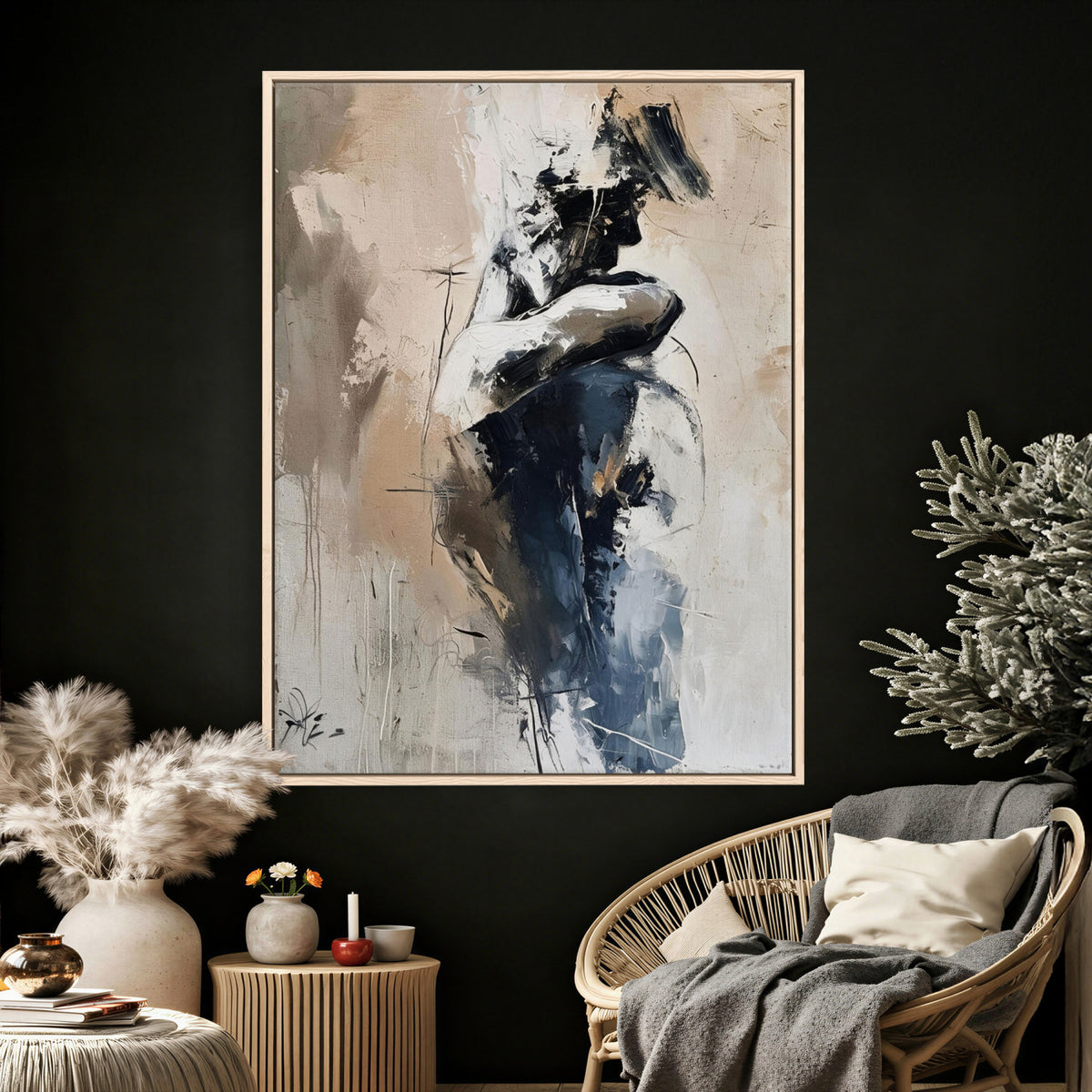 60223455-MGV-CV-24X36 - Monochrome Figurative Abstract Canvas Wall Art Moody Figure Oil Painting Print