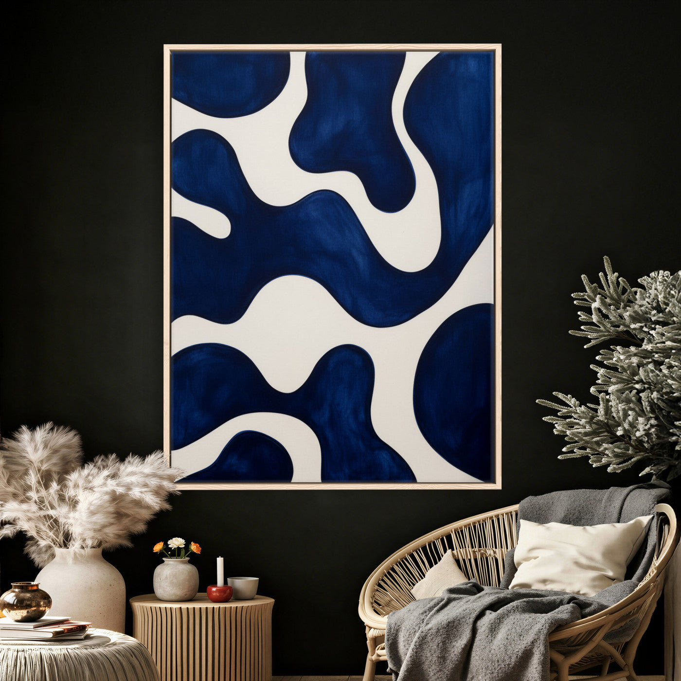 37225955-MGV-CV-24X36 - Minimalist Navy Blue Abstract Canvas Wall Art Organic Shapes Painting Print