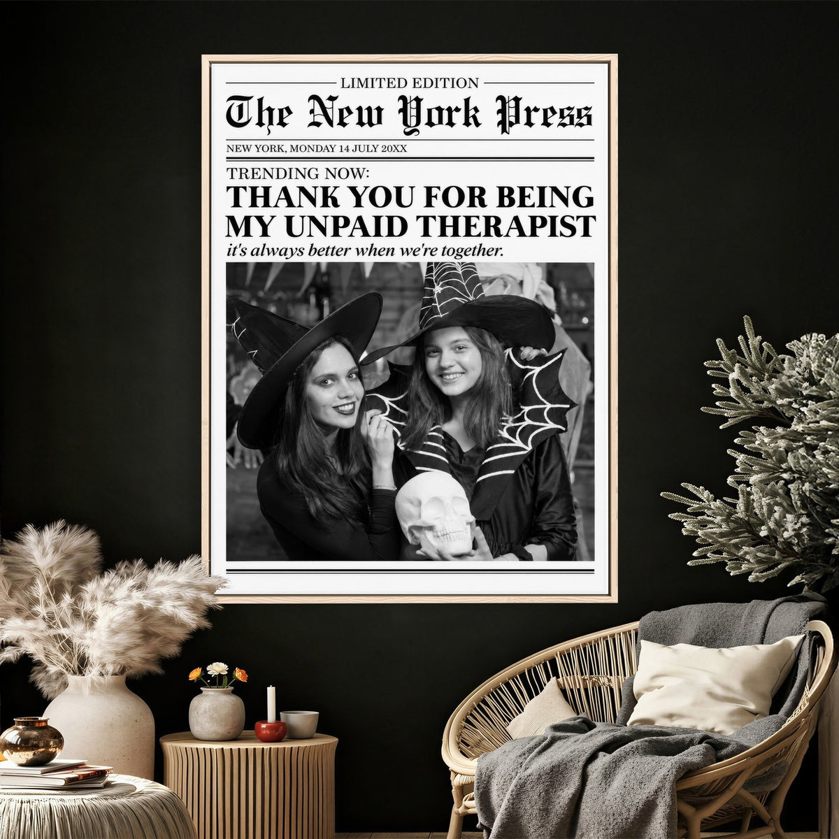Funny Best Friend Newspaper Wall Art Print, Witch Halloween Decor