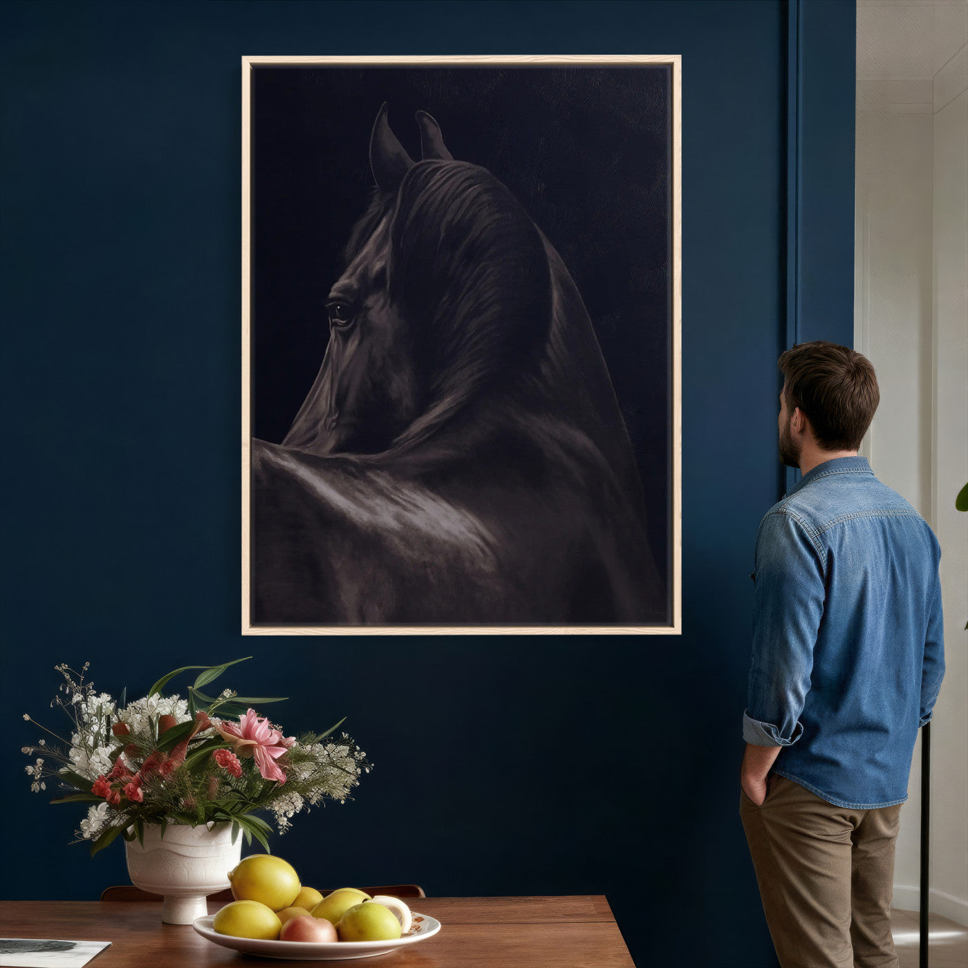 77538596-MGV-CV-24X36 - Dark Horse Wall Art – Majestic Silhouette Canvas Print, Sleek Mane, Graceful Strength, Elegant Equine Form, Timeless Beauty Decor for Home or Office