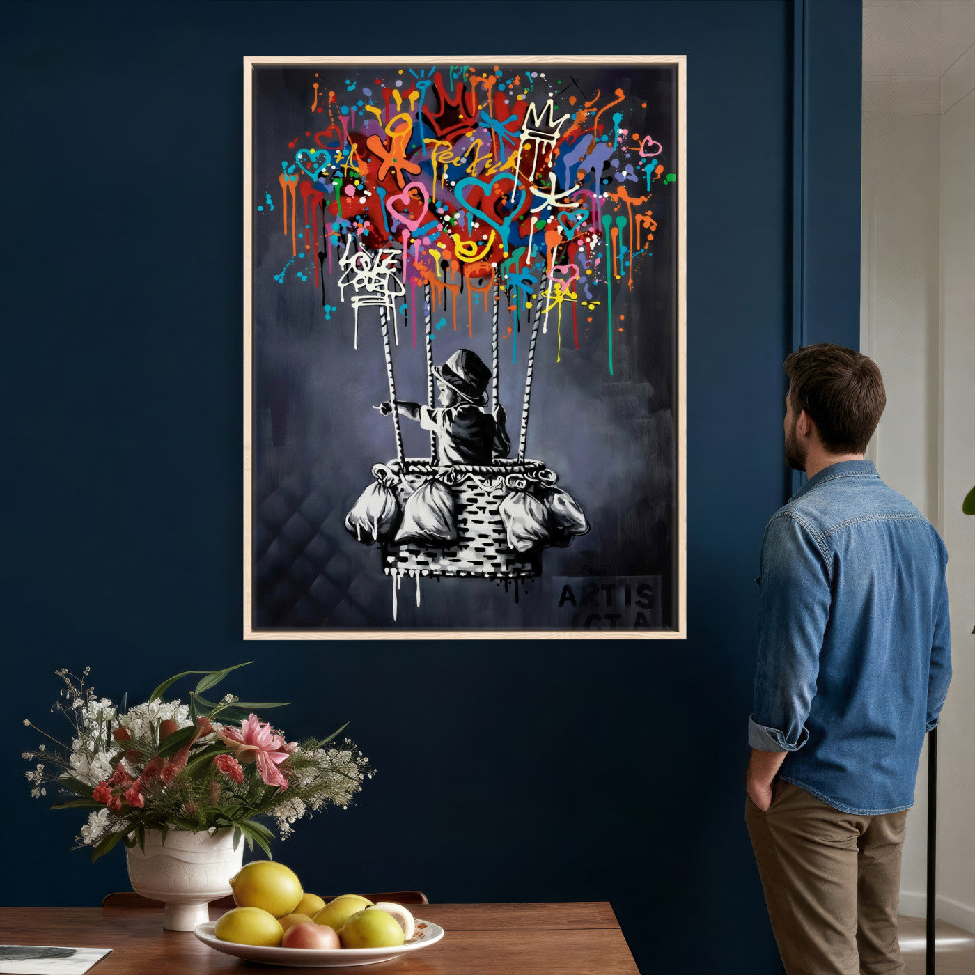 87352999-MGV-CV-24X36 - Banksy Inspired Boy Swing Wall Art Canvas Print, Graffiti Balloon Hearts Street Art, Colorful Urban Mural Artwork for Modern Living Room Decor