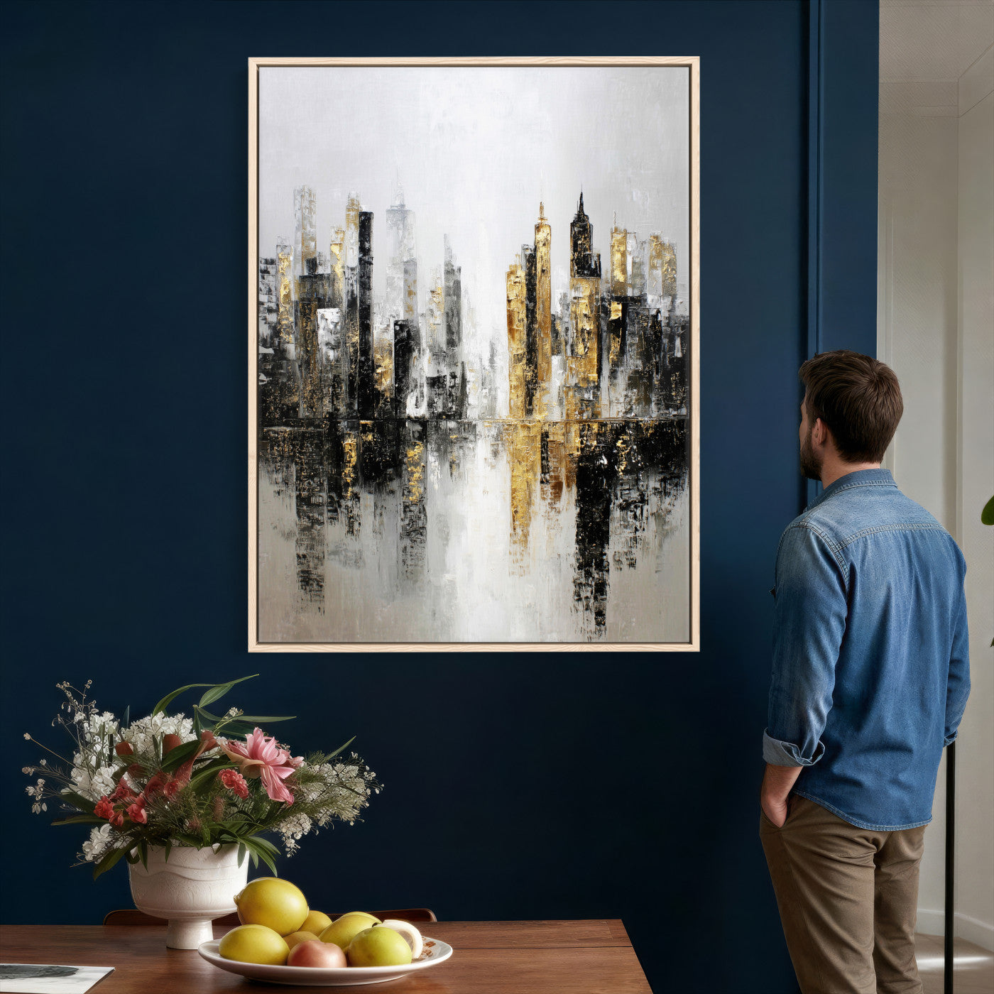 38126217-MGV-CV-24X36 - Abstract Urban Reflection Wall Art Canvas Print, Gold Black Modern Architecture Canvas Print, Contemporary Moody City Artwork for Living Room Decor