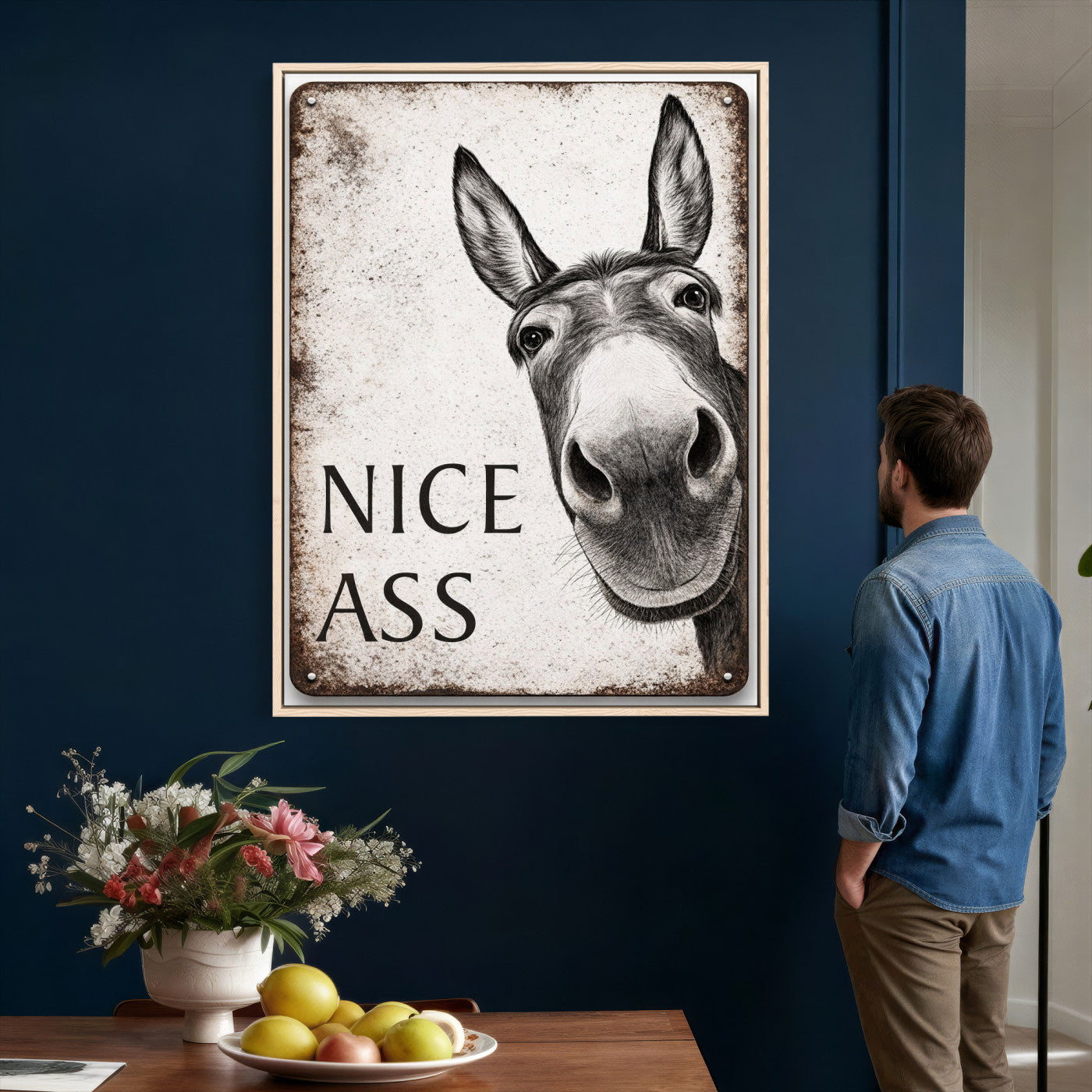8151788R6-MGV-CV-24X36 - Funny Donkey Bathroom Wall Art Canvas Print, Nice Ass Farm Animal Sign, Rustic Farmhouse Humor Decor, Toilet Wall Art