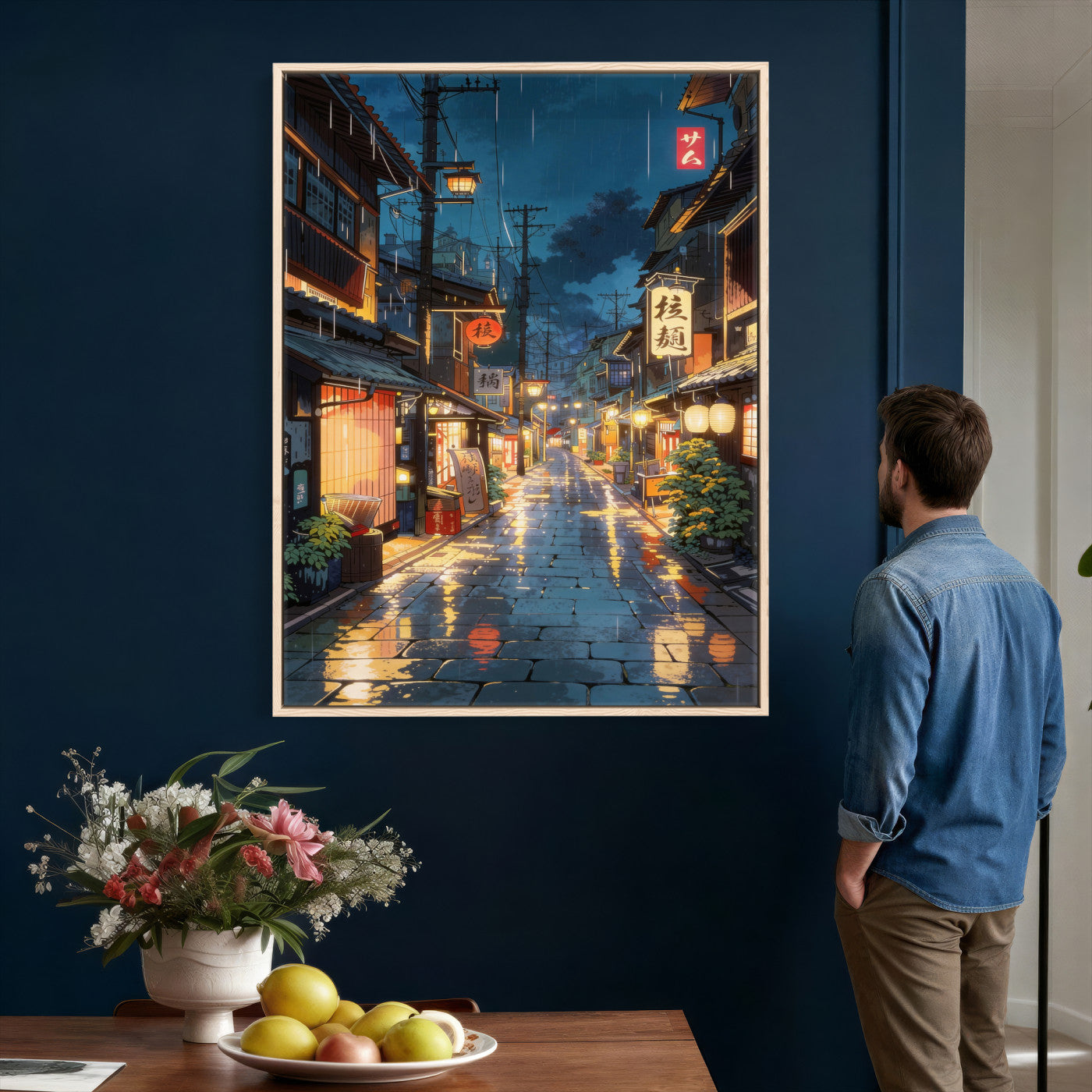 4712069J1-MGV-CV-24X36 - Tokyo Tea House Canvas Wall Art — Japan Rainy Night Street Print | Anime Style Decor | Japanese Tea House Art | Tokyo City Gift