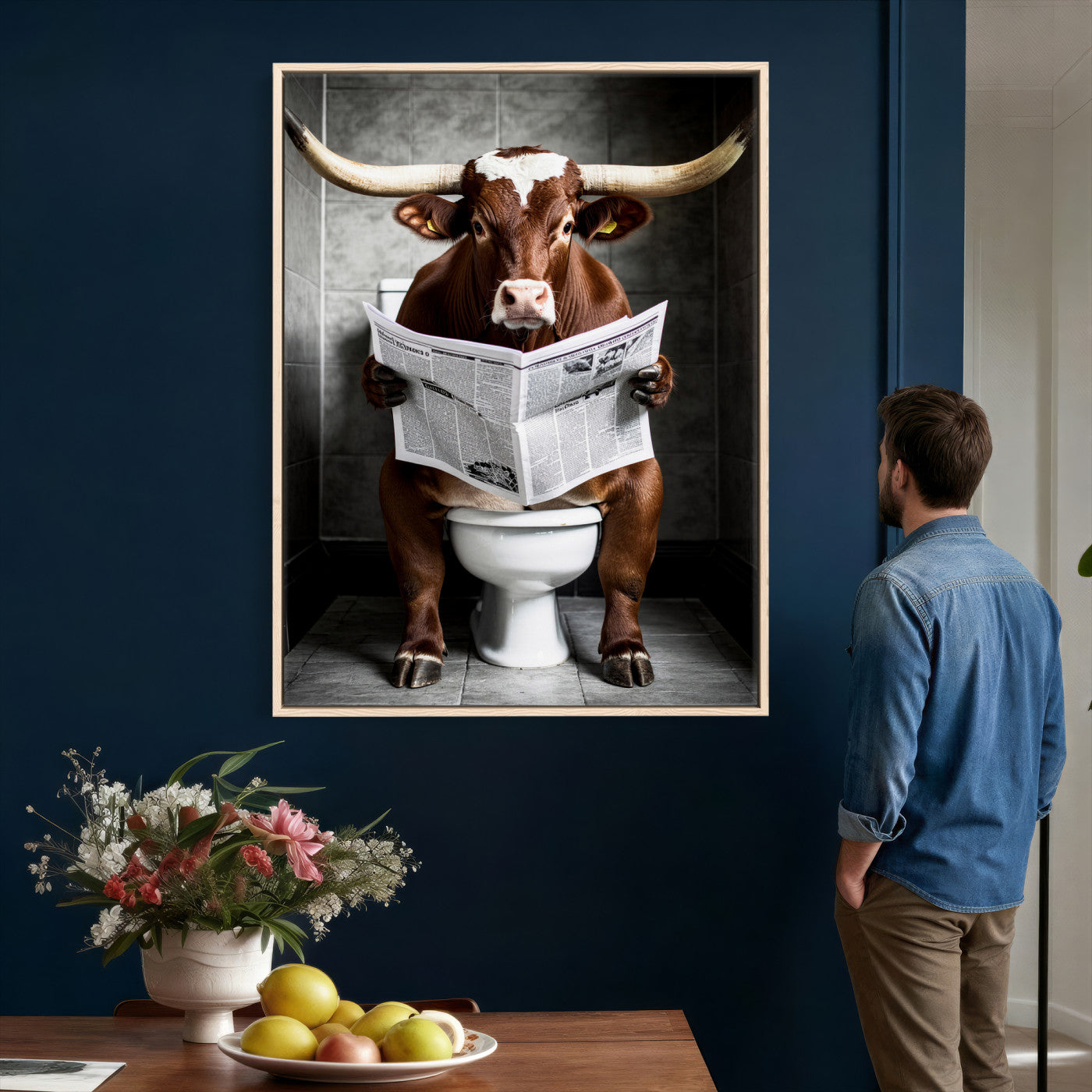 69808726-MGV-CV-24X36 - Texas Longhorn Cow Toilet Paper Canvas Wall Art, Funny Bathroom Black White Print, Cute Animal Humor Decor, Quirky Farmhouse Bathroom Art, Cow Lover Gift