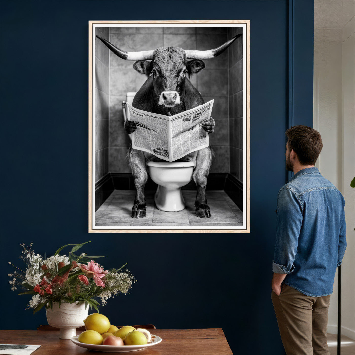 77994492-MGV-CV-24X36 - Texas Longhorn Cow Toilet Paper Canvas Wall Art, Funny Bathroom Black White Print, Cute Animal Humor Decor, Quirky Farmhouse Bathroom Art, Cow Lover Gift