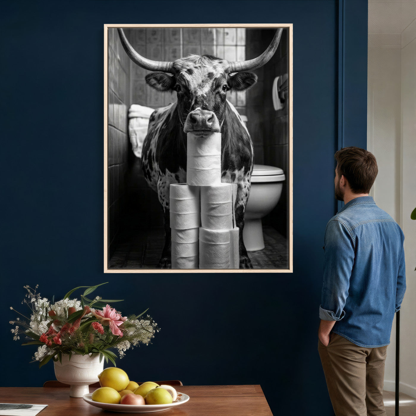 79259956-MGV-CV-24X36 - Texas Longhorn Cow Toilet Paper Canvas Wall Art, Funny Bathroom Black White Print, Cute Animal Humor Decor, Quirky Farmhouse Bathroom Art, Cow Lover Gift