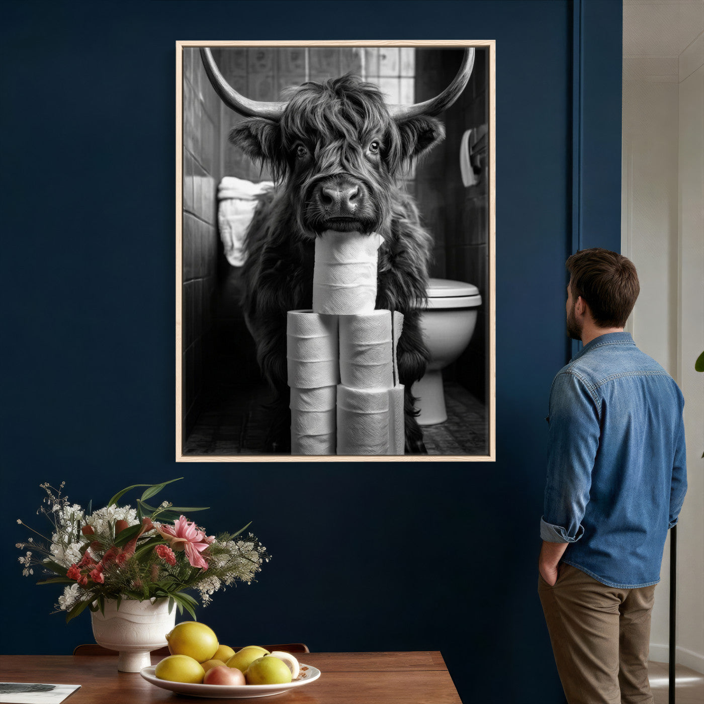 95909209-MGV-CV-24X36 - Highland Cow Toilet Paper Canvas Wall Art, Funny Bathroom Black White Print, Cute Animal Humor Decor, Quirky Farmhouse Bathroom Art, Cow Lover Gift