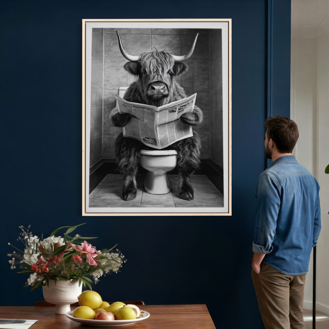 56930218-MGV-CV-24X36 - Funny Bathroom Canvas Wall Art, Texas Longhorn on Toilet Reading Newspaper, Humor Animal Print, Farmhouse Bathroom Decor, Quirky Cow Gift, Toilet Room Art