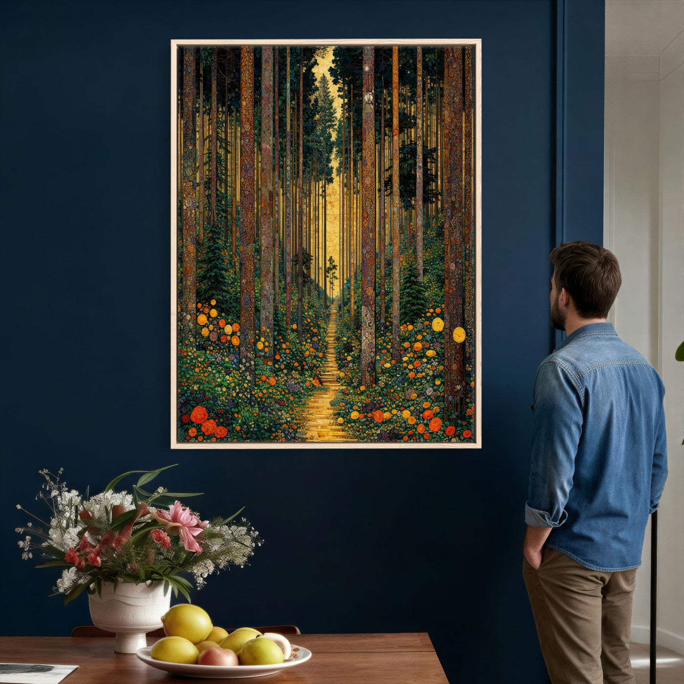 14391546-MGV-CV-24X36 - Gustav Klimt Style Forest Canvas Wall Art, Golden Forest Path Floral Art Nouveau Print, Enchanted Woodland Decor, Maximalist Colorful Nature Art