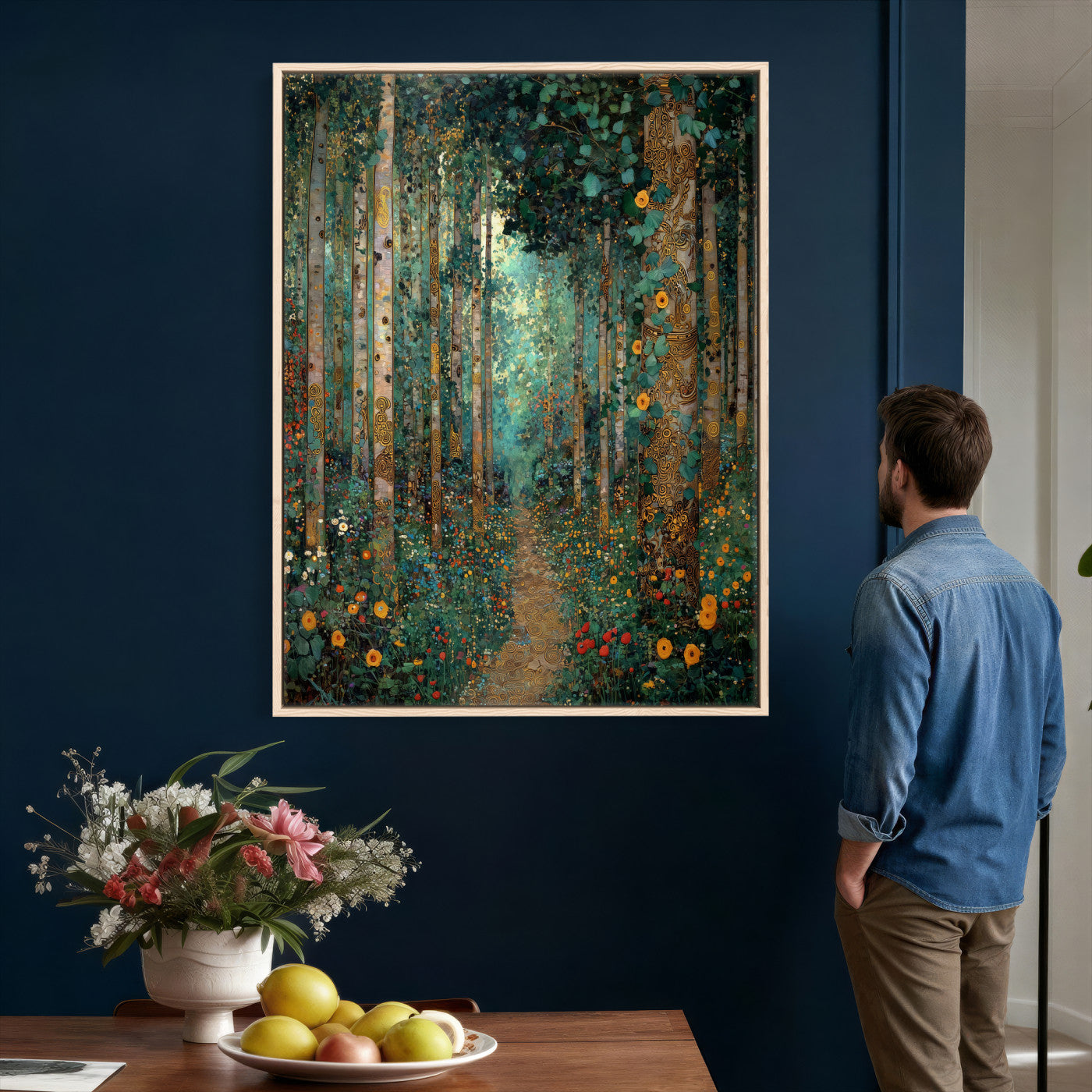 76587981-MGV-CV-24X36 - Gustav Klimt Style Forest Canvas Wall Art, Golden Forest Path Floral Art Nouveau Print, Enchanted Woodland Decor, Maximalist Colorful Nature Art