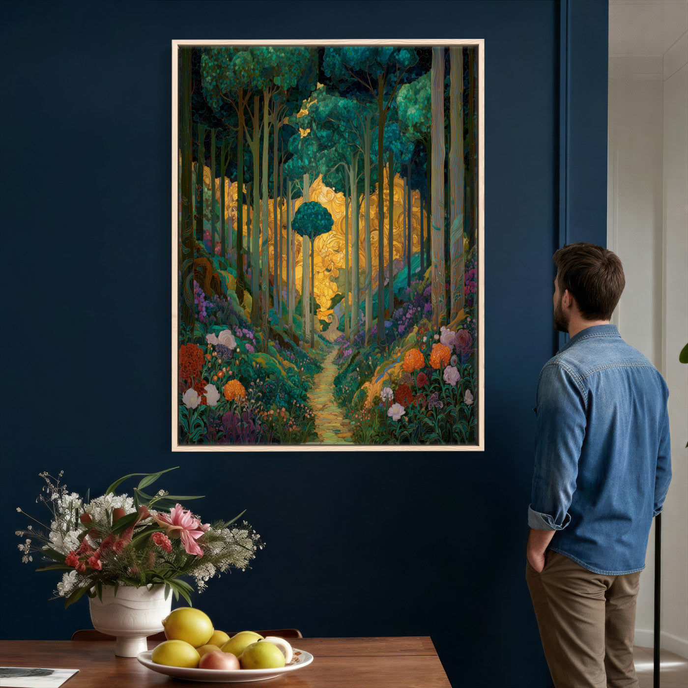 70159913-MGV-CV-24X36 - Gustav Klimt Style Forest Canvas Wall Art, Golden Forest Path Floral Art Nouveau Print, Enchanted Woodland Decor, Maximalist Colorful Nature Art