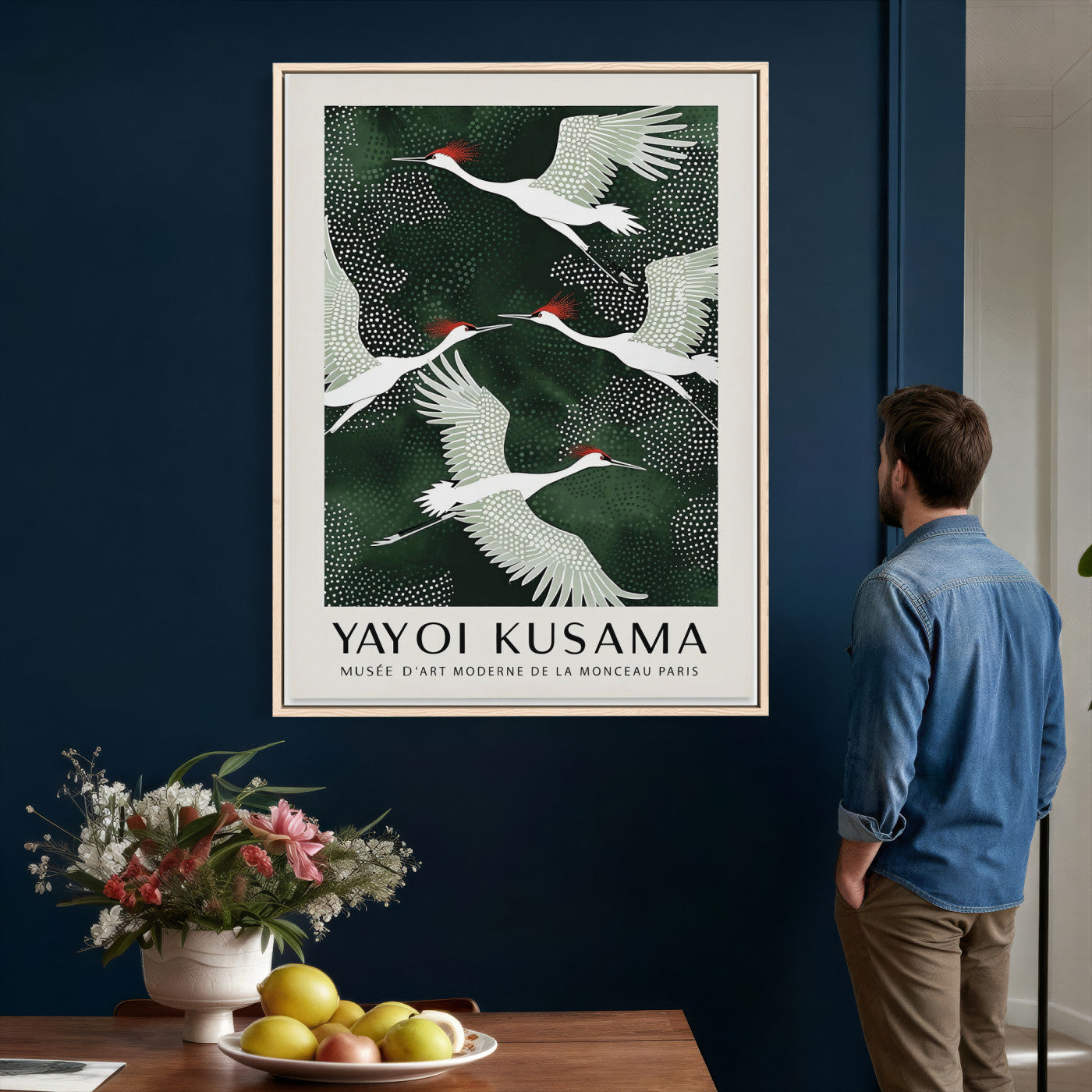 63036906-MGV-CV-24X36 - Yayoi Kusama Crane Bird Wall Art Canvas Print, Japanese Inspired Flying Heron Framed Artwork, Green Botanical Nature Decor for Living Room Bedroom Office