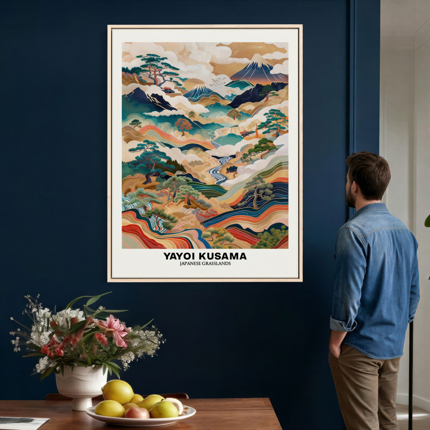 71553303-MGV-CV-24X36 - Yayoi Kusama Japanese Landscape Wall Art Canvas Print, Colorful Mountain and River Framed Artwork, Nature Inspired Asian Scenic Decor for Living Room Bedroom Office