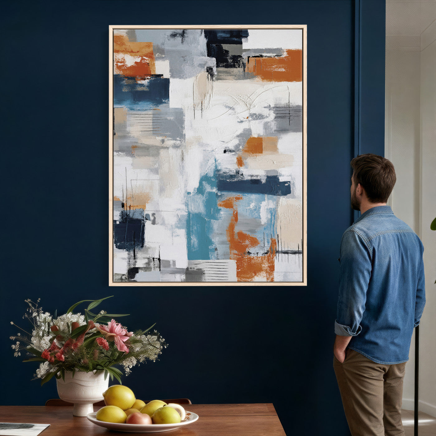 39825760-MGV-CV-24X36 - Blue Teal Abstract Canvas Wall Art, Modern Textured Painting Print, Navy Orange White Contemporary Art, Neutral Living Room Decor, Office Art